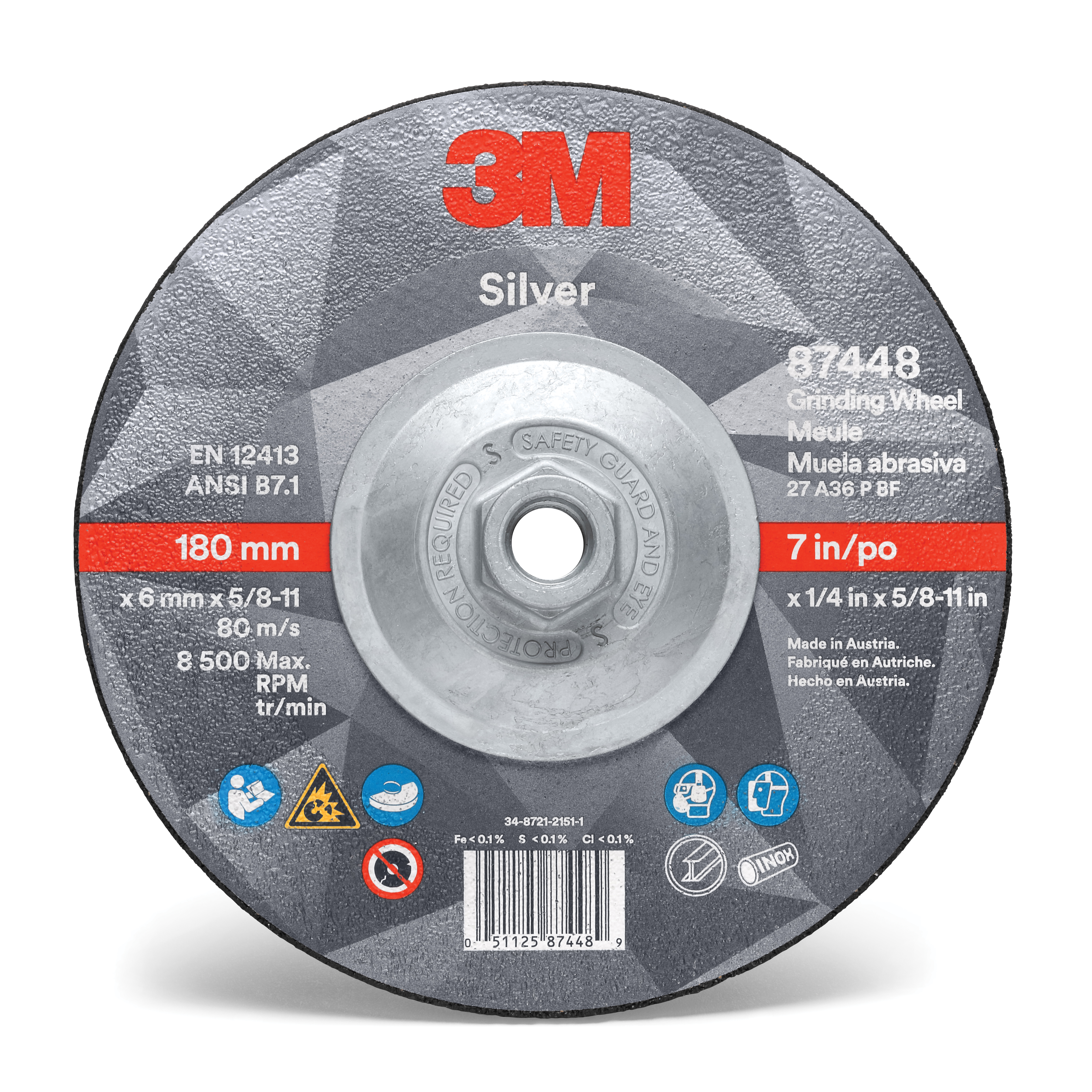 3M 7010412150 Type 27 Grinding Wheel, 7 in Dia Wheel x 1/4 in THK Wheel, 36 Grit, Ceramic Grain Abrasive - Depressed Center Wheels