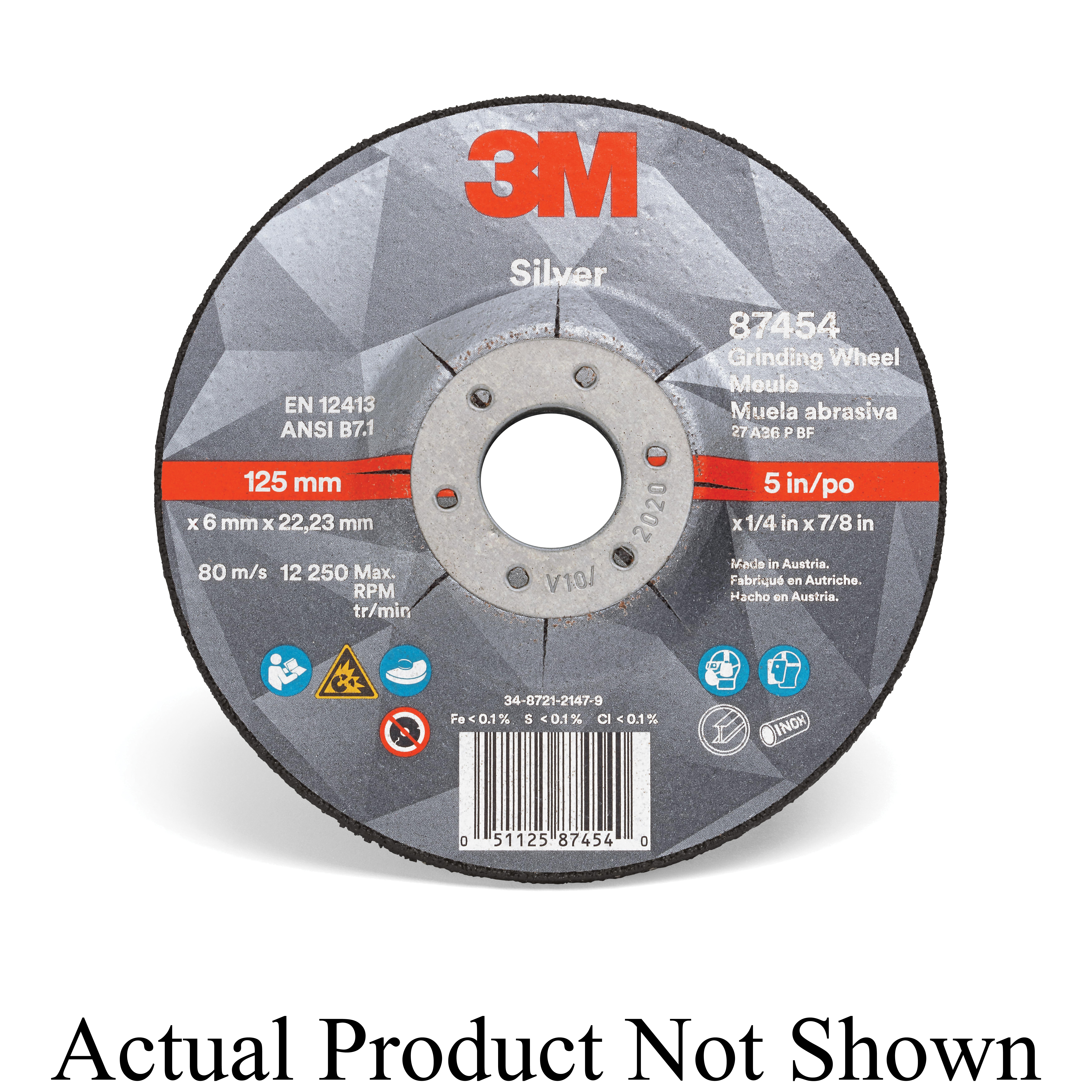 3M 7100141079 Type 27 Grinding Wheel, 4-1/2 in Dia Wheel x 1/4 in THK Wheel, 7/8 in Center Hole, 36 Grit, Ceramic Grain Abrasive - Depressed Center Wheels