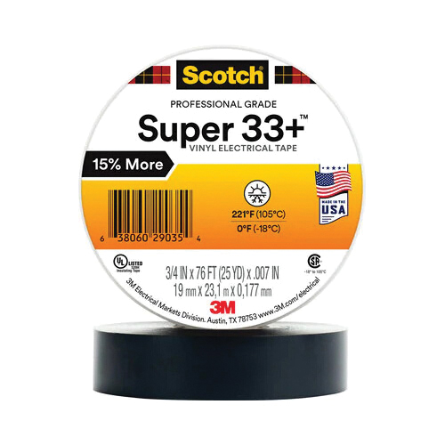3M 7100201470 Premium Grade Tape, 76 ft L x 3/4 in W, 7 mil THK, PVC, Rubber Adhesive, Black - Electrical Tapes