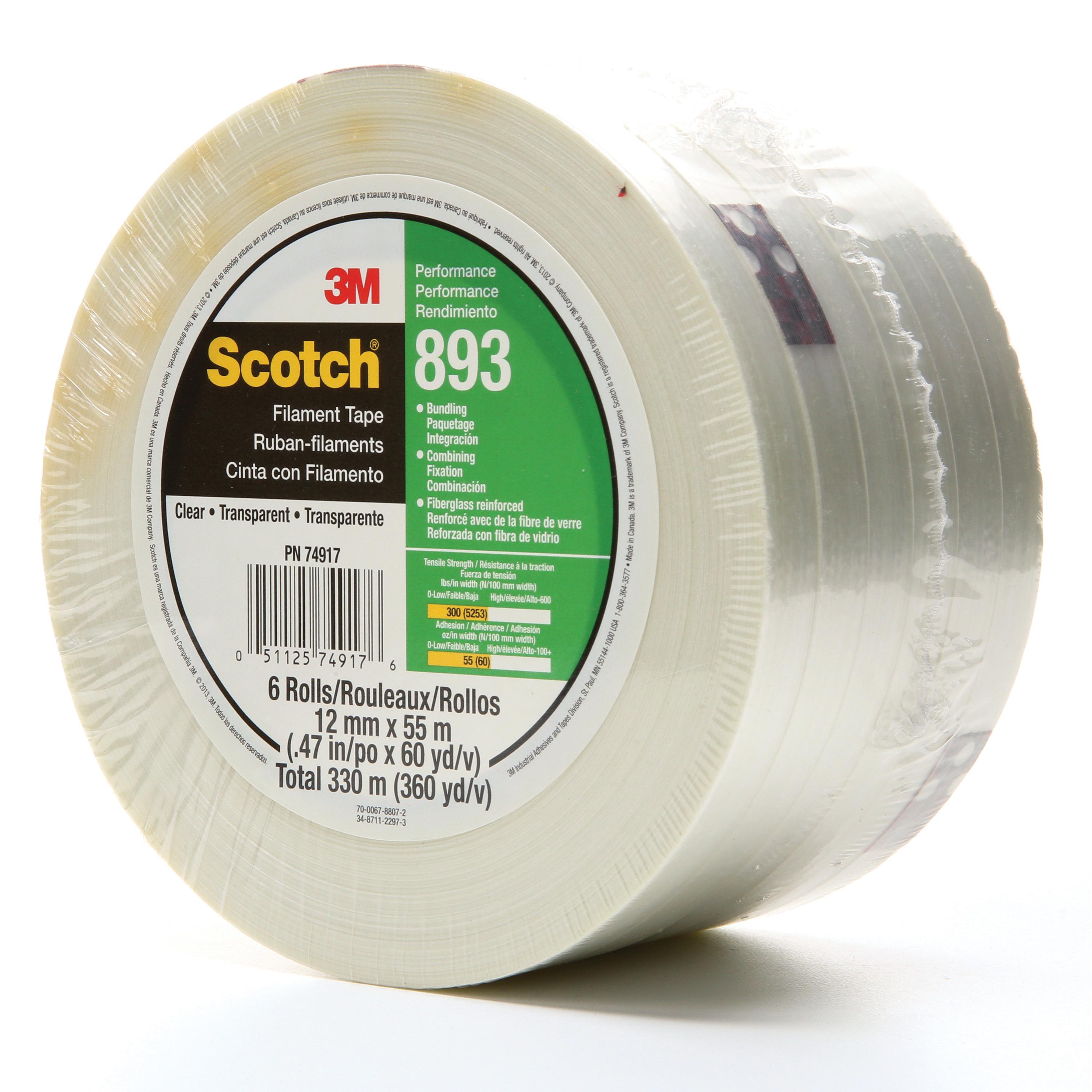 3M 7000048809 Reinforced Tape, 55 m L x 24 mm W, 6 mil THK, Fiberglass Yarn Filament, Synthetic Rubber Adhesive, Polypropylene Backing, Clear - Filament Tapes