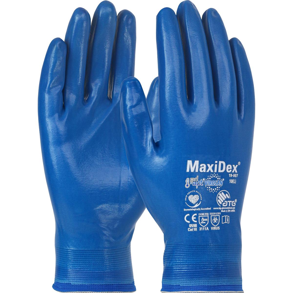 ATG MaxiDex 19-007/M 19-007 Gloves, Seamless Style, M, Blue, Elastic Cuff, Nitrile Coating, Nylon Lining - General Purpose Work Gloves