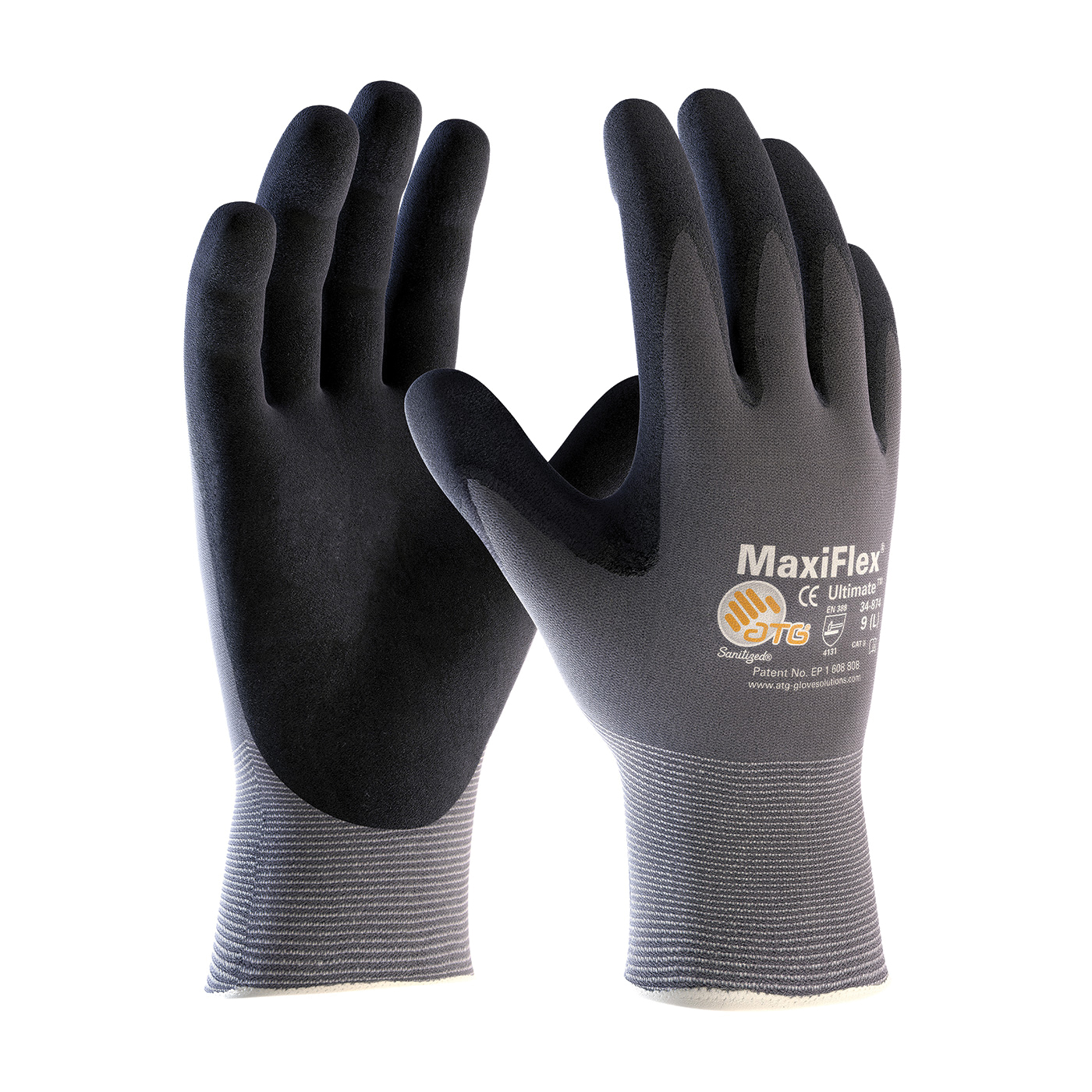 ATG MaxiFlex Ultimate 34-874/XXL General Purpose Gloves, Coated, 2XL, Microfoam Nitrile Palm, 15 ga Nylon, Black/Gray, Continuous Knit Wrist Cuff, Microfoam Nitrile Coating, Resists: Abrasion, Cut, Puncture and Tear, Nylon/Lycra Lining, Seamless Knit - General Purpose Work Gloves