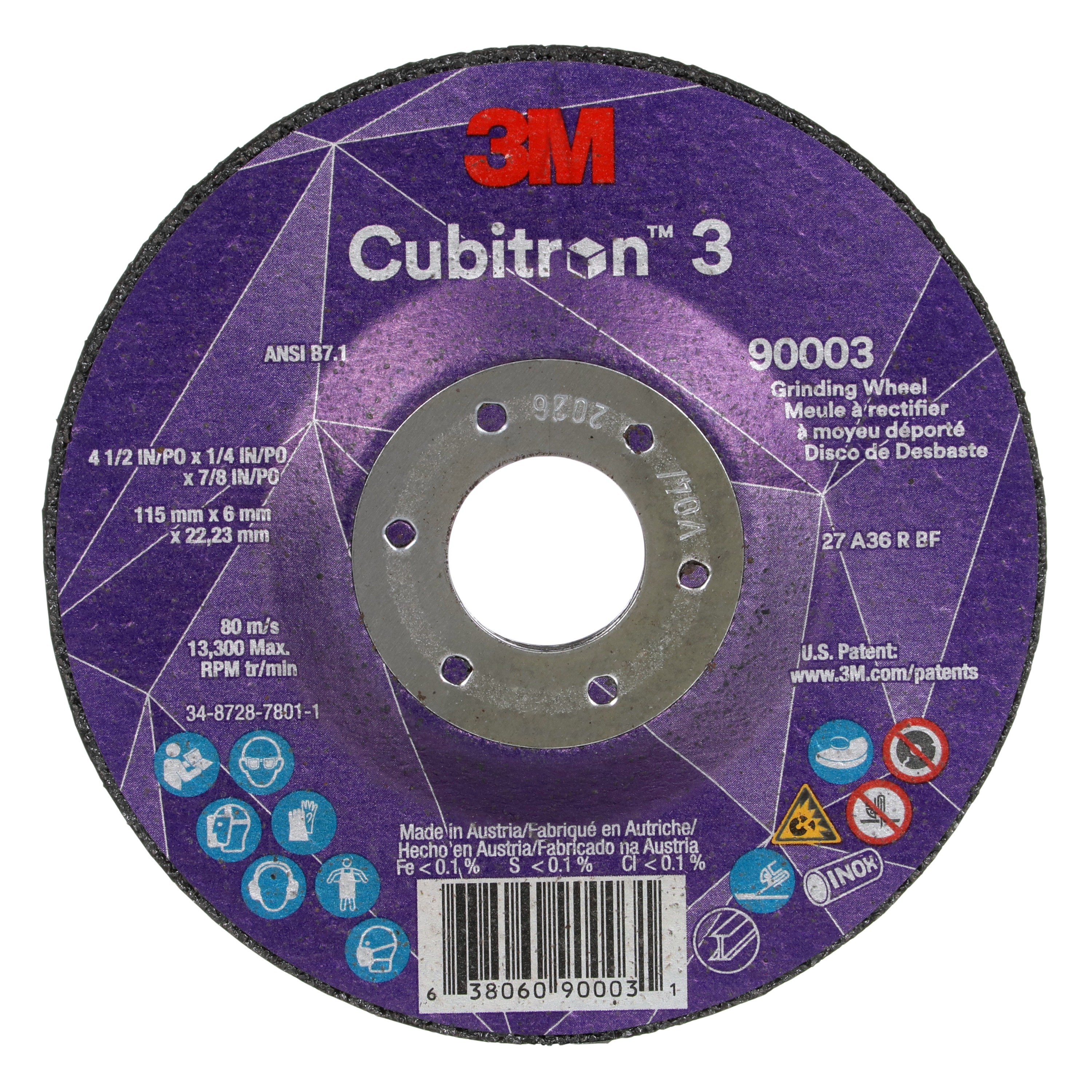 Cubitron 3 7100303966 Type 27 Grinding Wheel, 4.5 in Dia Wheel x 0.25 in THK Wheel, 0.875 in Center Hole, 36+ Grit, Precision Shaped Ceramic Abrasive - Depressed Center Wheels
