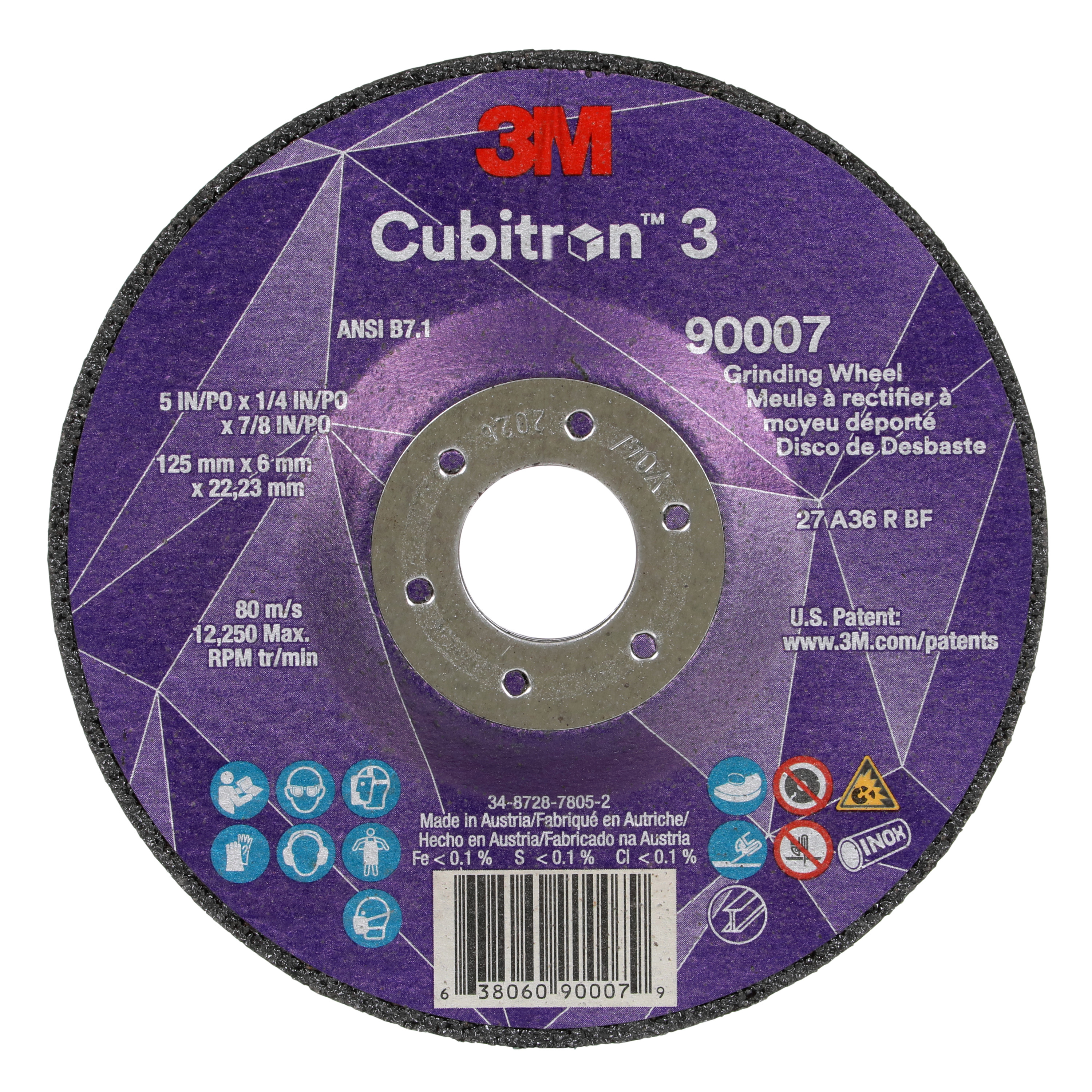 Cubitron 3 7100303967 Type 27 Grinding Wheel, 5 in Dia Wheel x 0.25 in THK Wheel, 0.875 in Center Hole, 36+ Grit, Precision Shaped Ceramic Abrasive - Depressed Center Wheels