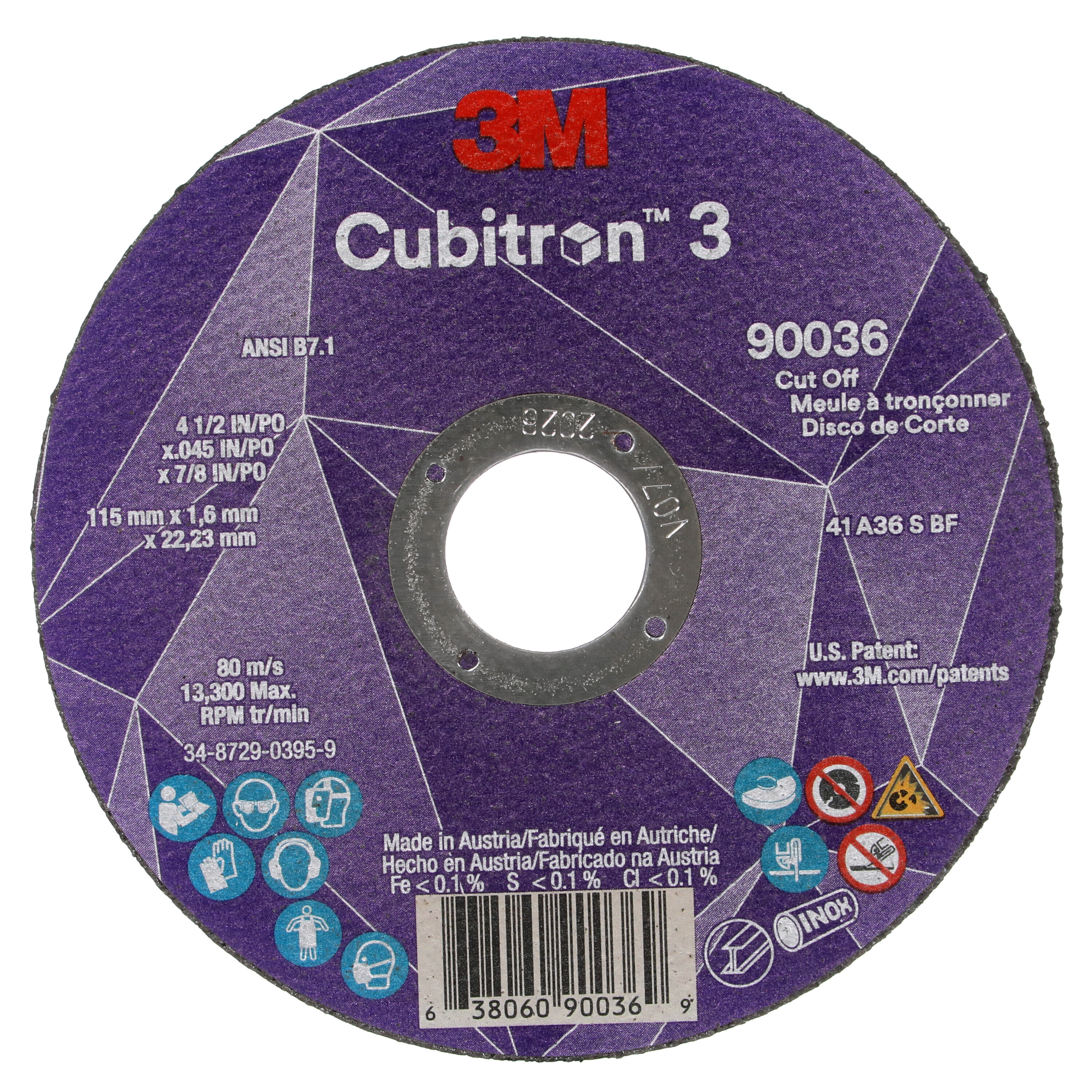 Cubitron 3 7100304006 Type 1 Cut-Off Wheel, 4.5 in Dia Wheel x 0.045 in THK Wheel, 0.875 in Center Hole, 36+ Grit, Precision Shaped Ceramic Abrasive - Cut-Off Wheels