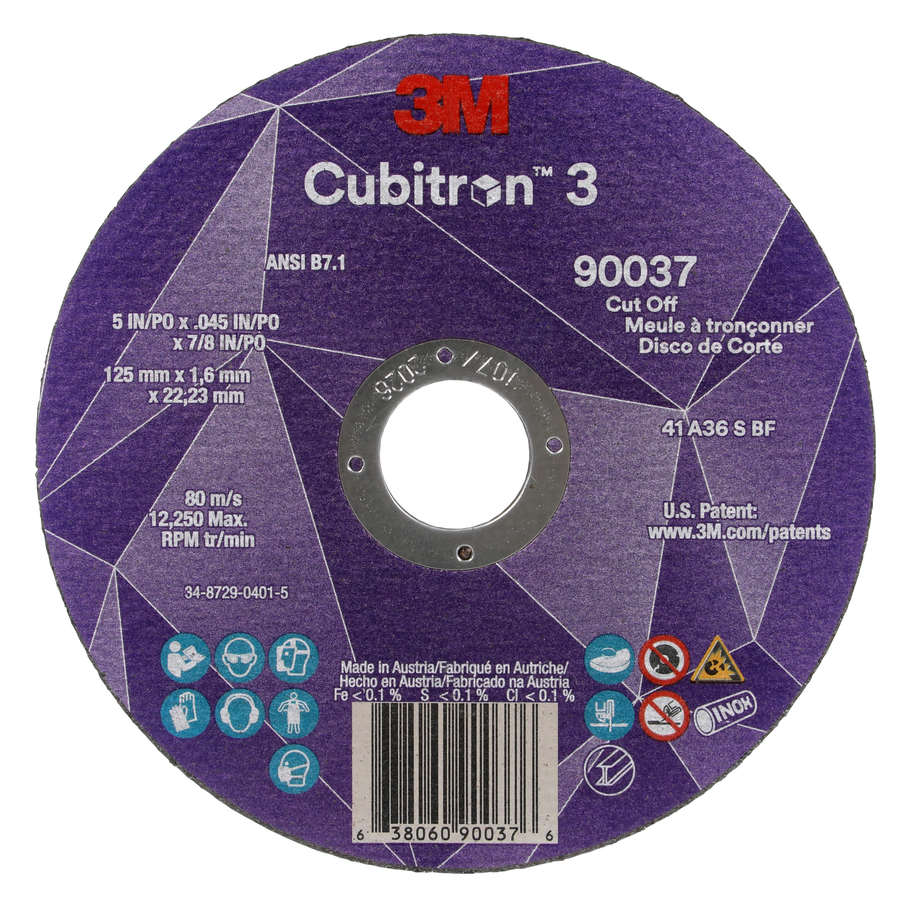 Cubitron 3 7100304007 Type 1 Cut-Off Wheel, 5 in Dia Wheel x 0.045 in THK Wheel, 0.875 in Center Hole, 36+ Grit, Precision Shaped Ceramic Abrasive - Cut-Off Wheels