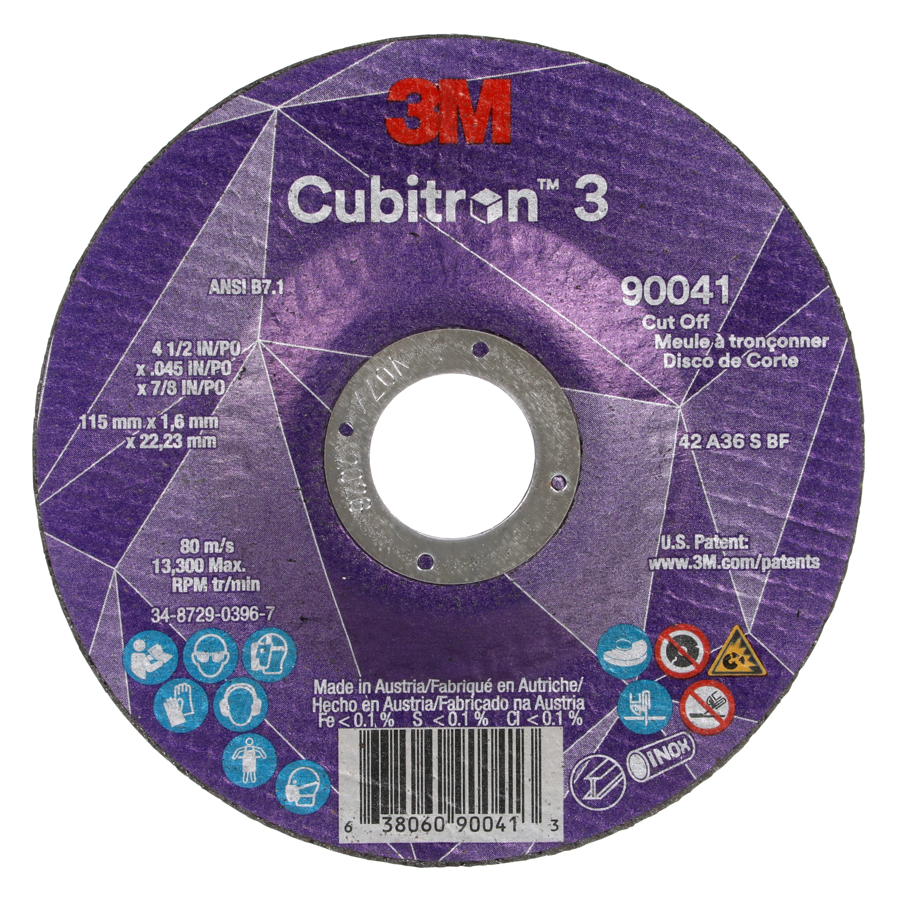 Cubitron 3 7100304008 Type 27 Cut-Off Wheel, 4.5 in Dia Wheel x 0.045 in THK Wheel, 0.875 in Center Hole, 36+ Grit, Precision Shaped Ceramic Abrasive - Cut-Off Wheels