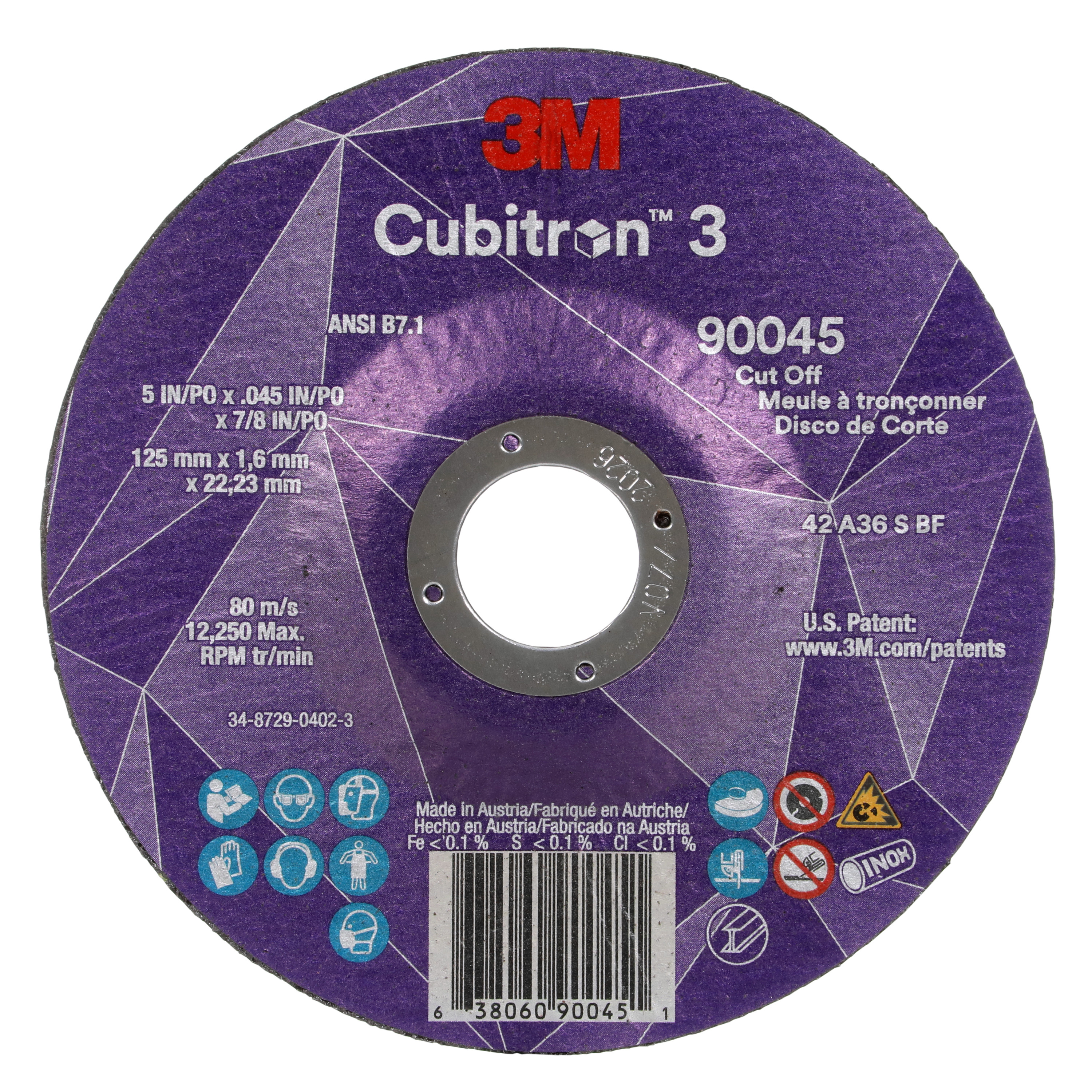 Cubitron 3 7100304010 Type 27 Cut-Off Wheel, 5 in Dia Wheel x 0.045 in THK Wheel, 0.875 in Center Hole, 36+ Grit, Precision Shaped Ceramic Abrasive - Cut-Off Wheels