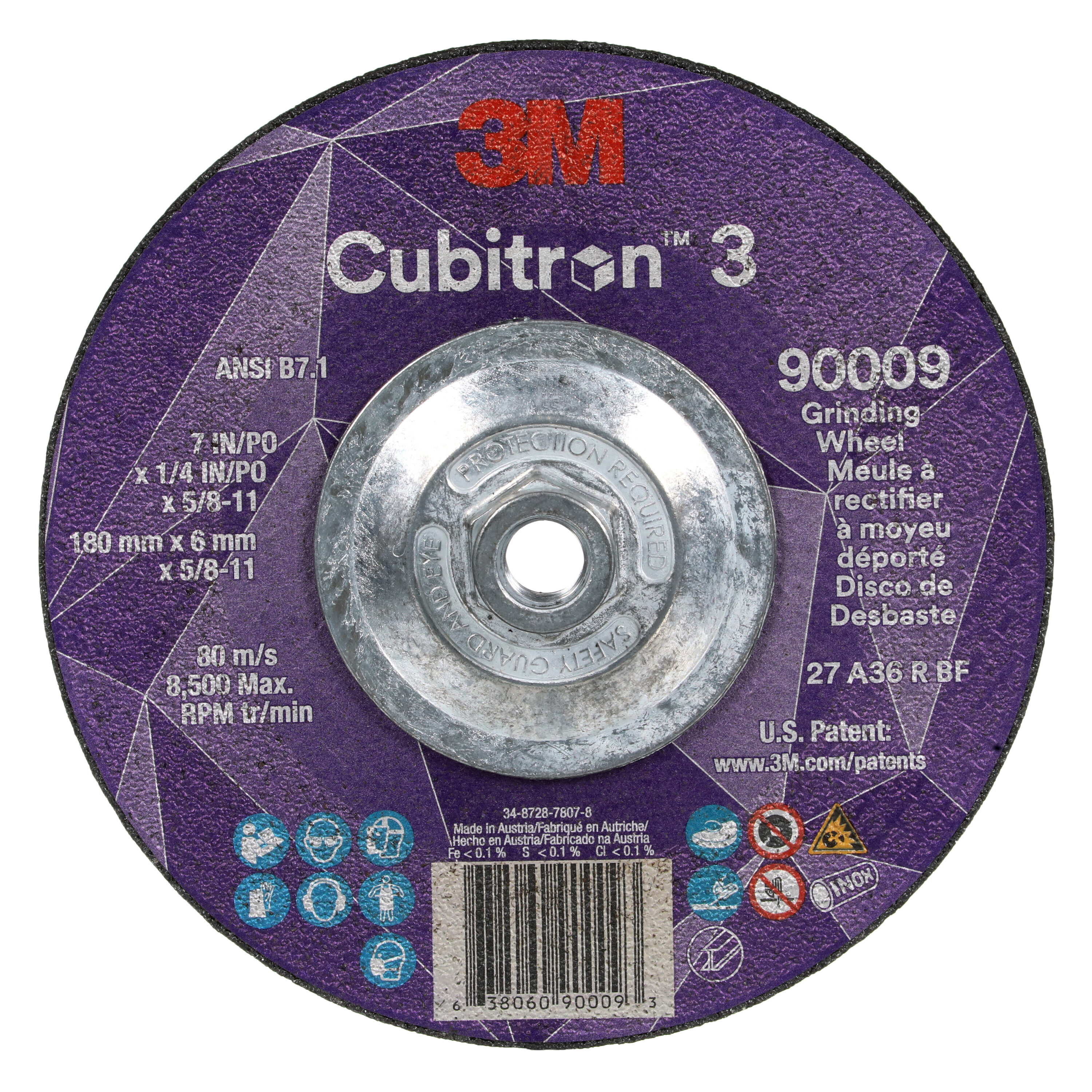 Cubitron 3 7100312965 Type 27 Grinding Wheel, 7 in Dia Wheel x 0.25 in THK Wheel, 36+ Grit, Precision Shaped Ceramic Abrasive - Depressed Center Wheels
