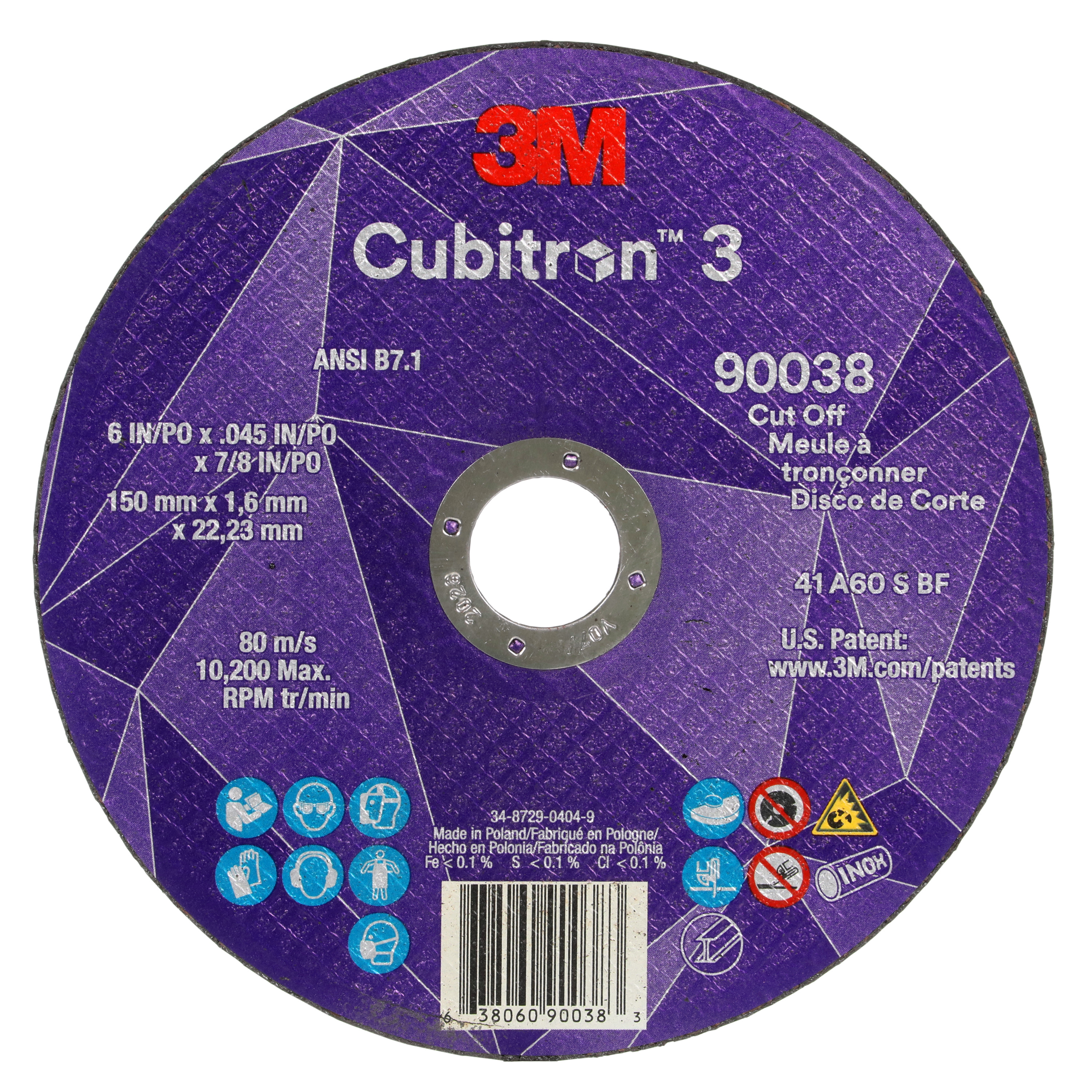 Cubitron 3 7100313190 Type 27 Cut-Off Wheel, 6 in Dia Wheel x 0.045 in THK Wheel, 0.875 in Center Hole, 60+ Grit, Precision Shaped Ceramic Abrasive - Cut-Off Wheels