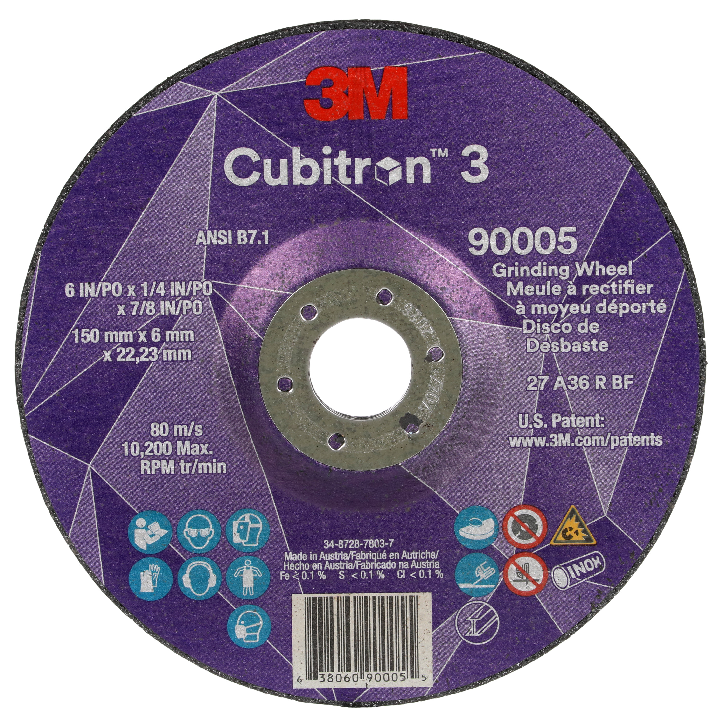 Cubitron 3 7100313193 Type 27 Grinding Wheel, 6 in Dia Wheel x 0.25 in THK Wheel, 0.875 in Center Hole, 36+ Grit, Precision Shaped Ceramic Abrasive - Depressed Center Wheels