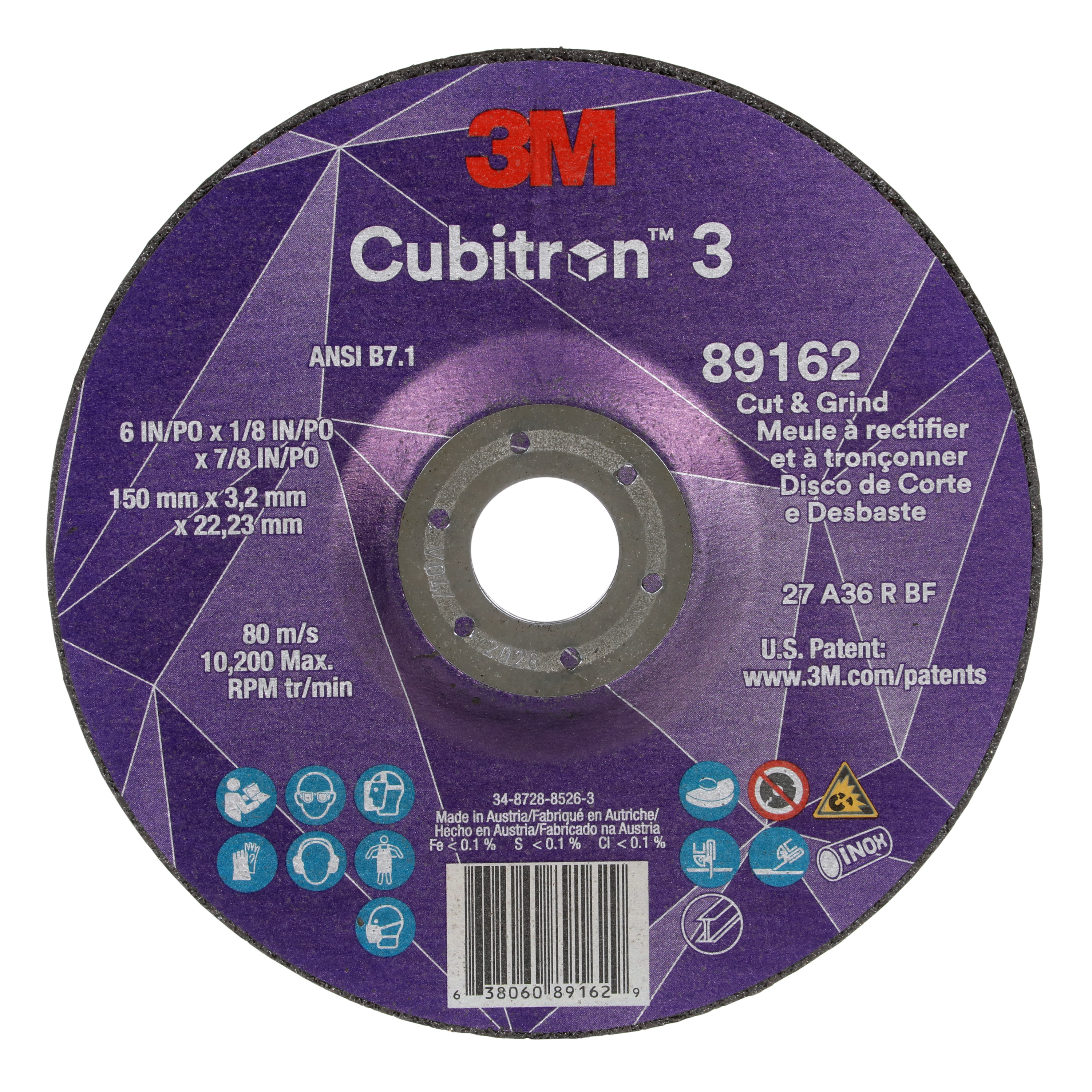 Cubitron 3 7100313586 Type 27 Cut and Grind Wheel, 6 in Dia Wheel x 0.125 in THK Wheel, 0.875 in Center Hole, 36+ Grit, Precision Shaped Ceramic Abrasive - Cut-Off Wheels