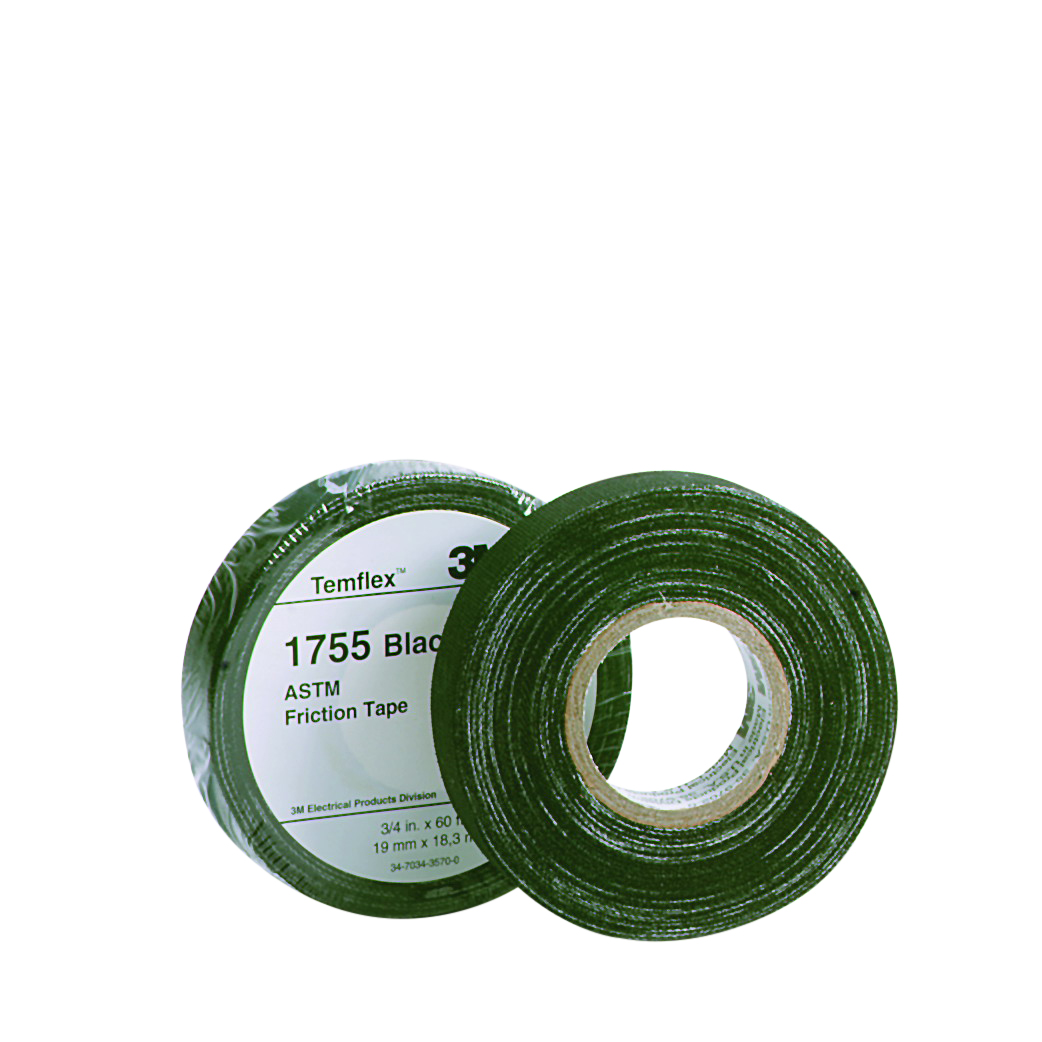 3M 7000058870 1755 Friction Tape, 60 ft L x 3/4 in W, 13 mil THK, Thermosetable Rubber/Resin Adhesive, Cotton Cloth Backing, Black - Cloth Tapes