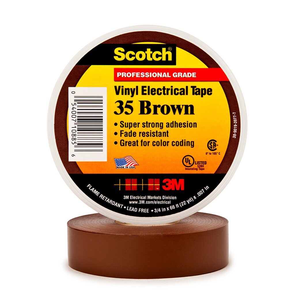 Scotch 7000031580 Color Coding Tape, 66 ft L x 3/4 in W, 7 mil THK, PVC, Rubber Adhesive, Brown - Electrical Tapes