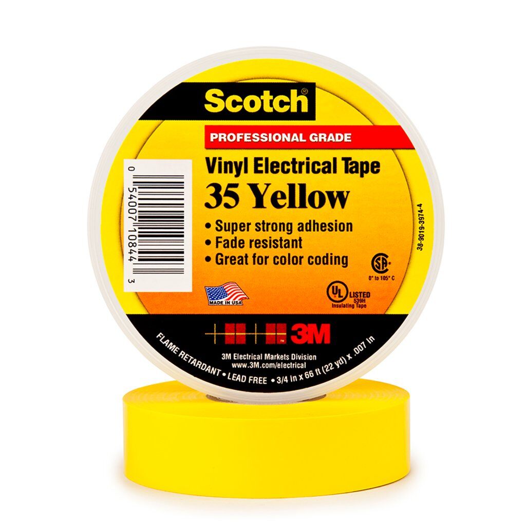Scotch 7000006096 Tape, 66 ft L x 3/4 in W, 7 mil THK, PVC, Rubber Resin Adhesive, Yellow - Electrical Tapes
