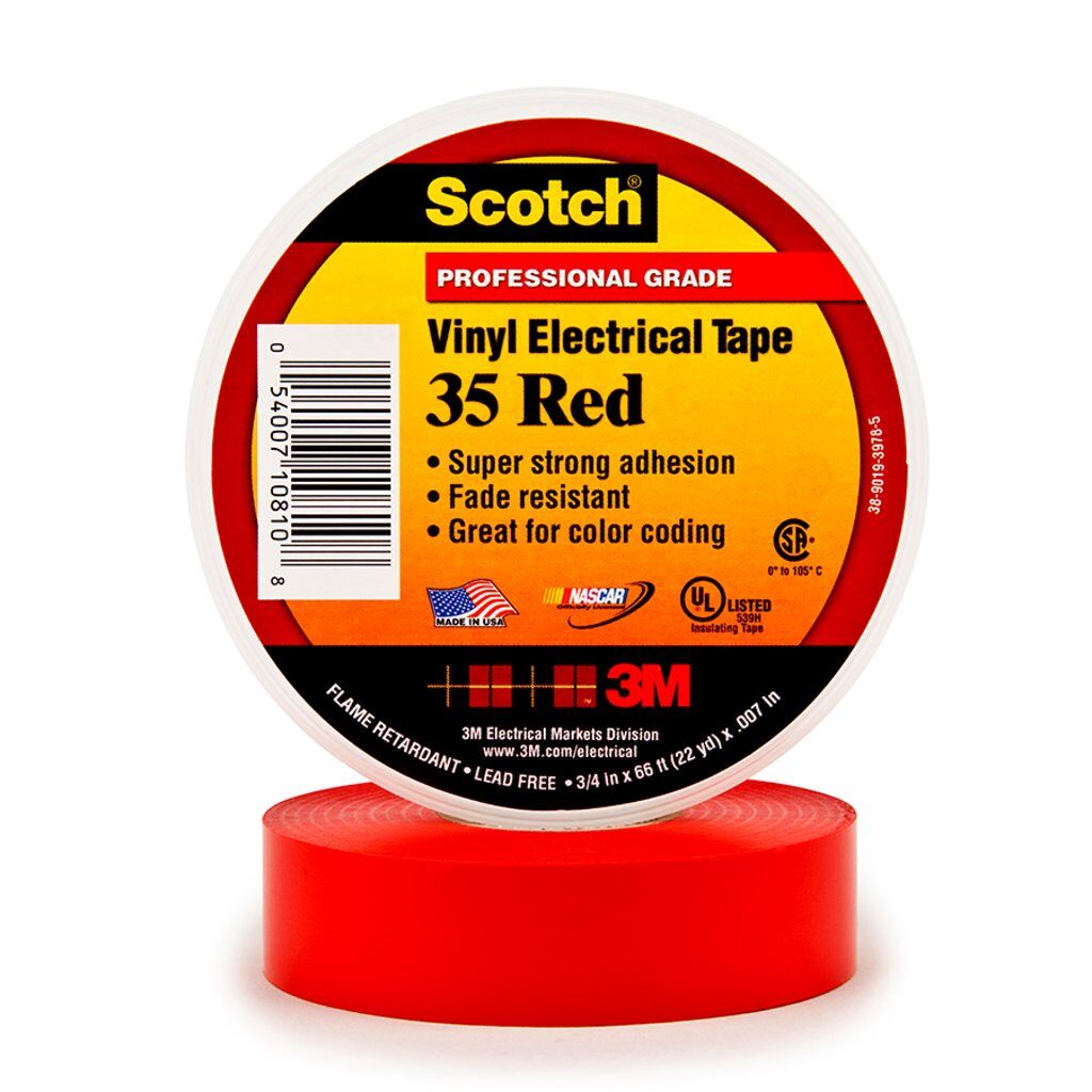 Scotch 7000006094 Color Coding Tape, 66 ft L x 3/4 in W, 7 mil THK, PVC, Rubber Resin Adhesive, Red - Electrical Tapes