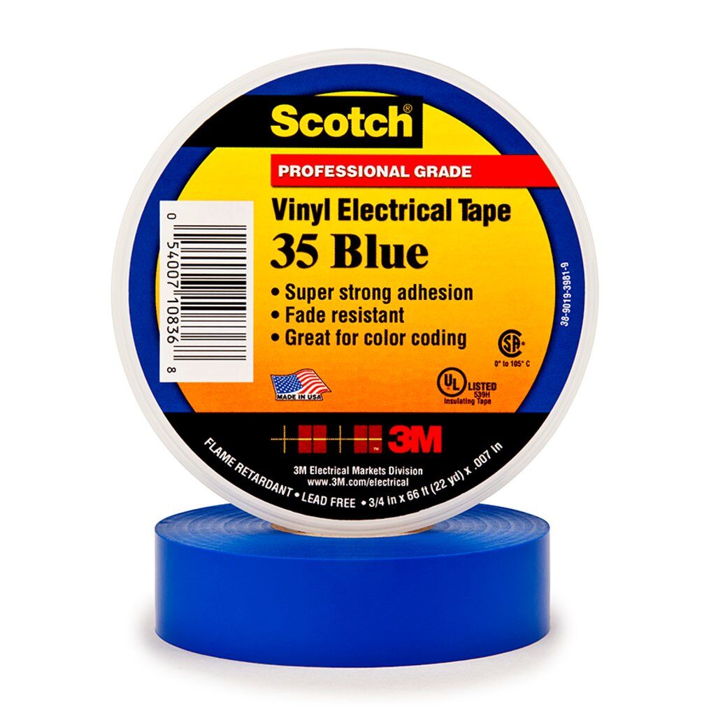 Scotch 7000006095 Color Coding Tape, 66 ft L x 3/4 in W, 7 mil THK, PVC, Rubber Resin Adhesive, Blue - Electrical Tapes