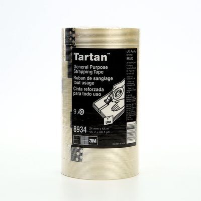 3M 7000028887 8934 Reinforced Tape, 55 mm L x 24 mm W, 4 mil THK, Fiberglass Yarn Filament, Rubber Adhesive, Polypropylene Backing, Clear - Filament Tapes