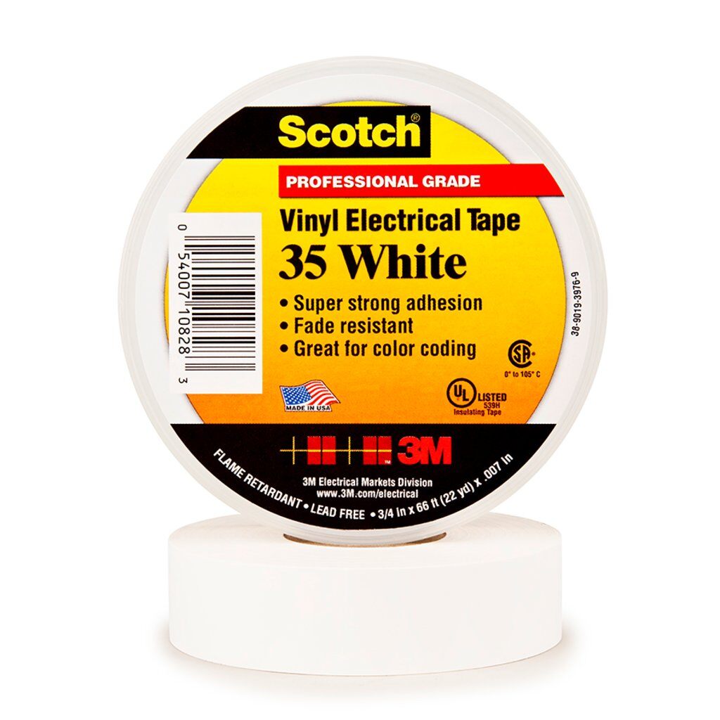 Scotch 7000006097 35 Series Color Coding Tape, 66 ft L x 3/4 in W, 7 mil THK, PVC, Rubber Adhesive, White - Electrical Tapes