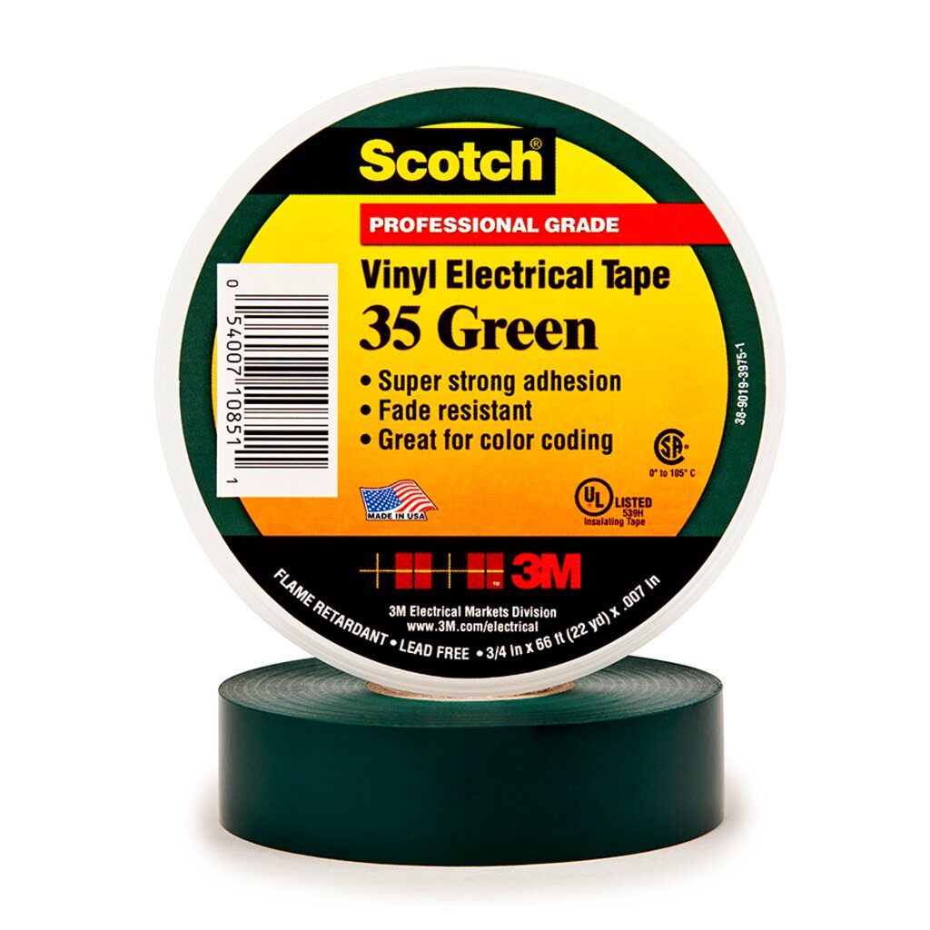 Scotch 7000006098 Color Coding Tape, 66 ft L x 3/4 in W, 7 mil THK, PVC, Rubber Resin Adhesive, Green - Electrical Tapes