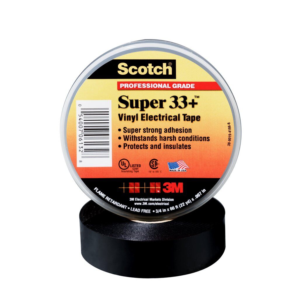 Scotch 7000058432 Premium Grade Tape, 20 ft L x 3/4 in W, 7 mil THK, Rubber Adhesive, PVC Backing, Black - Electrical Tapes