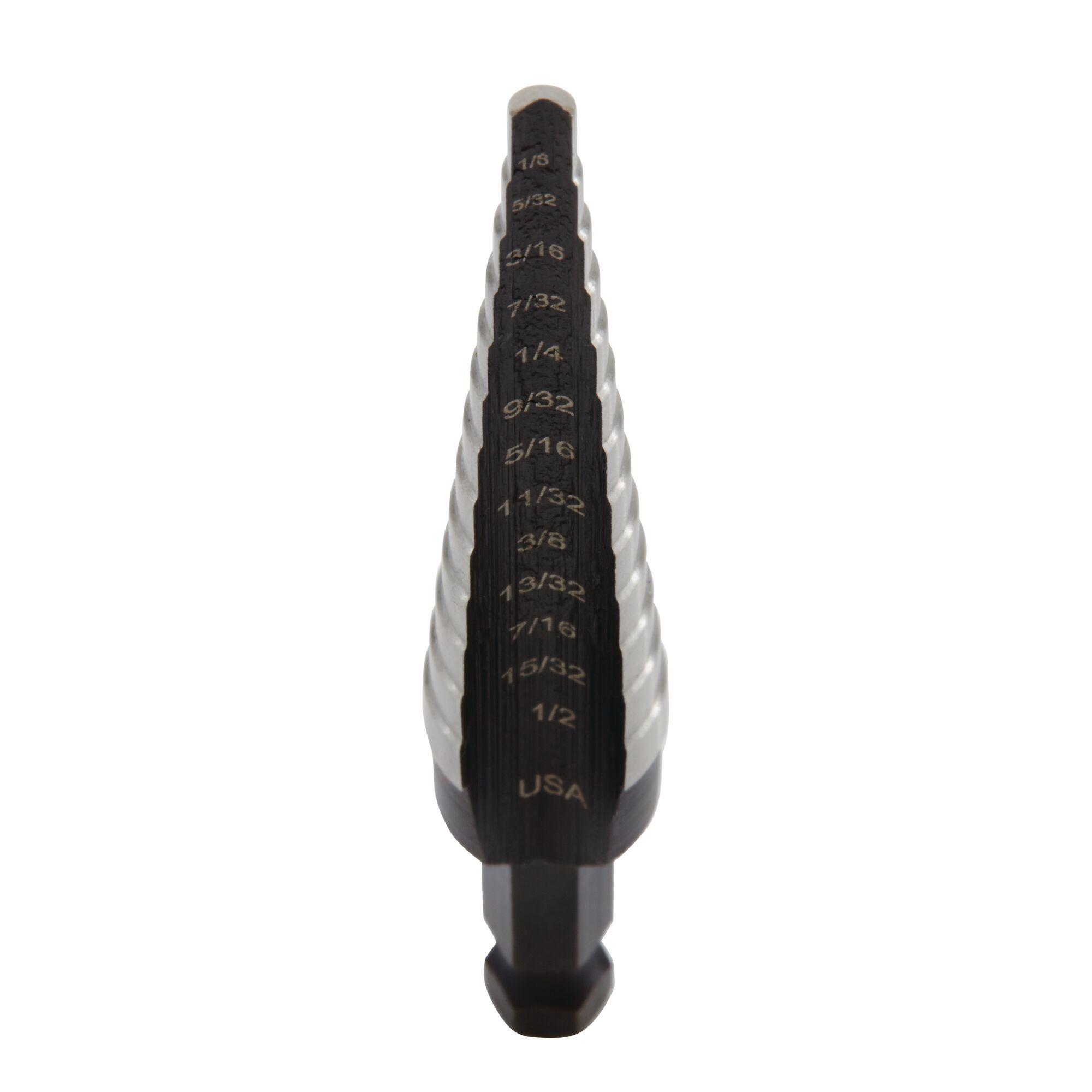 Irwin UNIBIT 10231 Self-Starting Step Drill Bit, 1/8 in Dia Min Hole, 1/2 in Dia Max Hole, 13 Steps, High Speed Steel, 1 Hole Size, 1/4 in Shank - Step Drill Bits