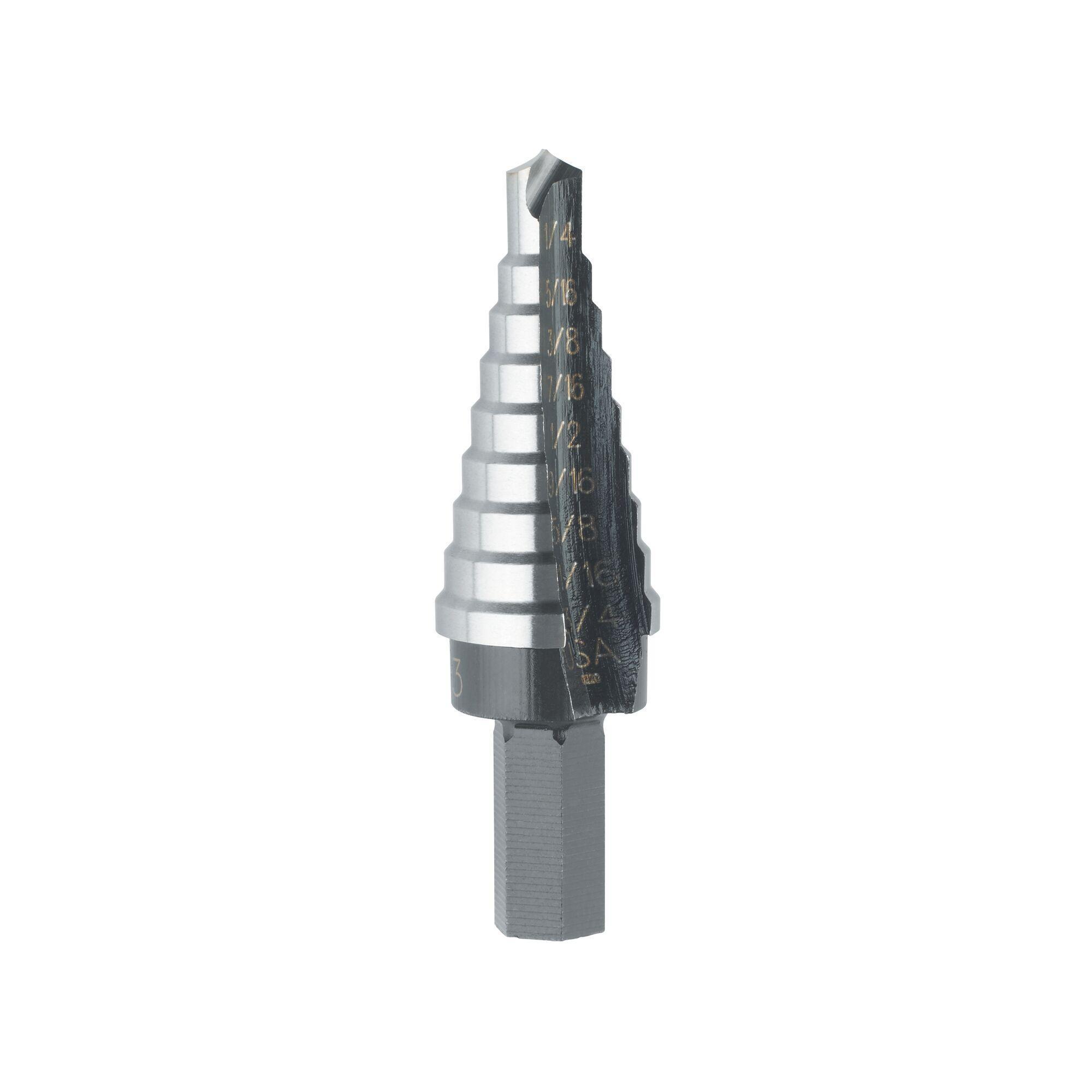 Irwin UNIBIT 10233 Self-Starting Step Drill Bit, 1/4 in Dia Min Hole, 3/4 in Dia Max Hole, 9 Steps, High Speed Steel, 3 Hole Sizes, 3/8 in Shank - Step Drill Bits