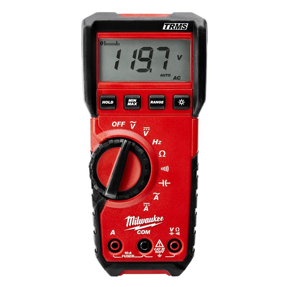 Milwaukee 2216-20 Heavy Duty Digital Multimeter, 6 mV to 600 VAC, 600 mV to 600 VDC, 10 A, 40 mOhm, Black on White LCD Display - Digital Multimeters
