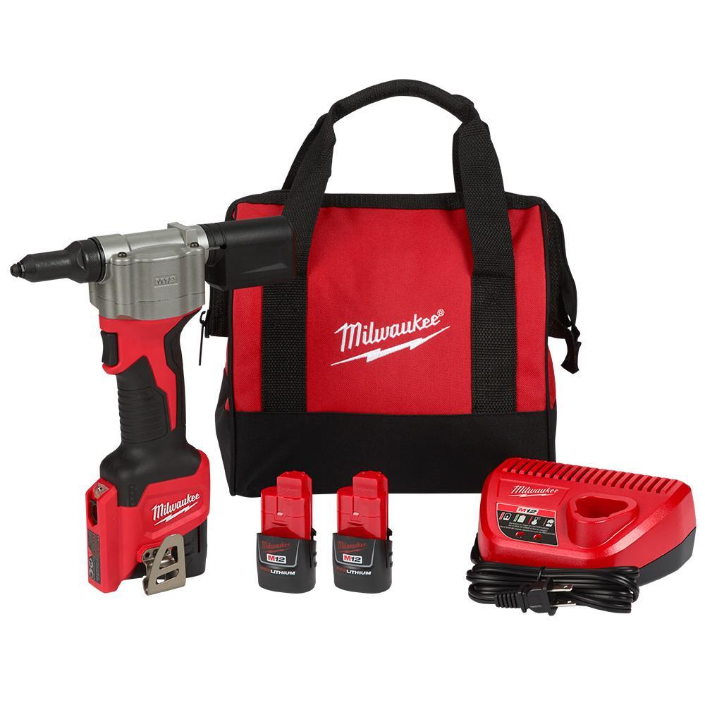 Milwaukee 2550-22 Cordless Rivet Tool Kit, 3/16 in Rivet, 2000 lb Pulling, 12 VDC, Li-Ion Battery, Glass Filled Nylon Housing - Cordless Riveters