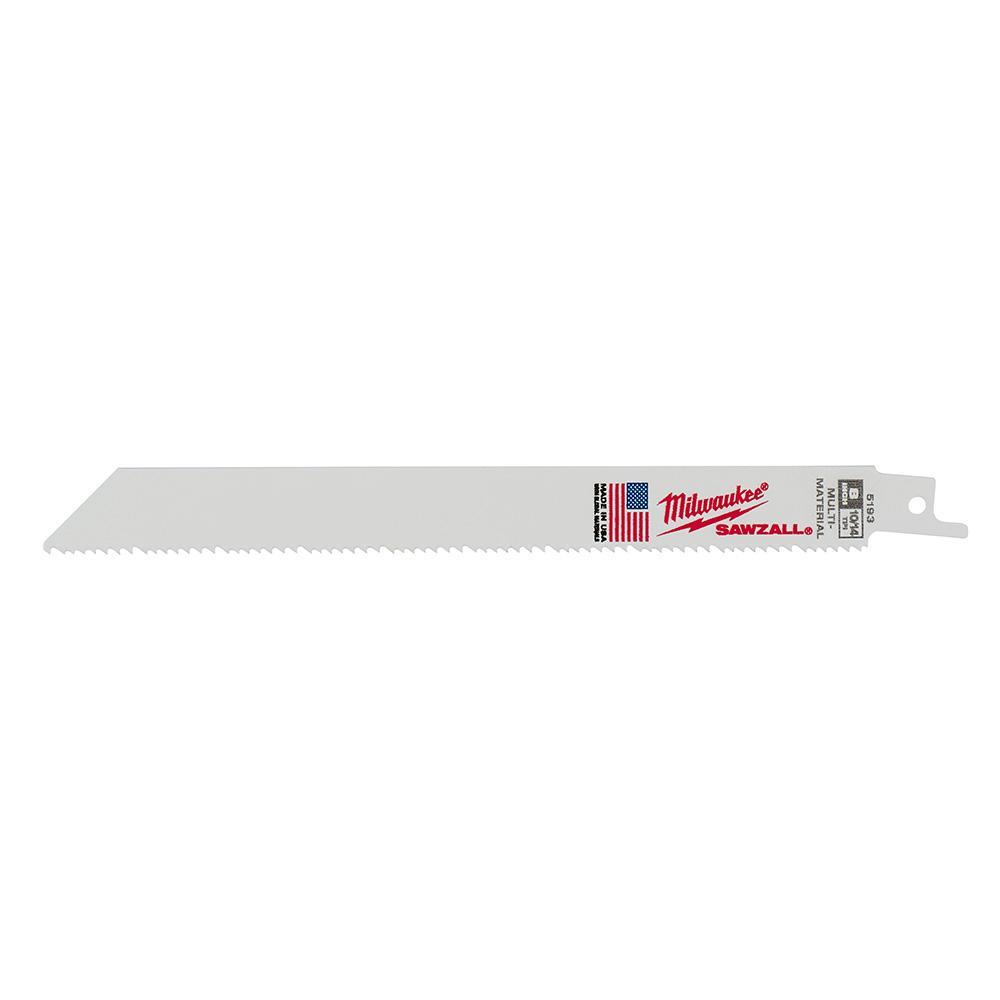 Milwaukee SAWZALL 48-00-5193 Heavy Duty High Performance Straight Back Reciprocating Saw Blade, 8 in L x 5/8 in W, 10/14 TPI, Bi-Metal Body, Universal/Toothed Edge Tang - Reciprocating Saw Blades