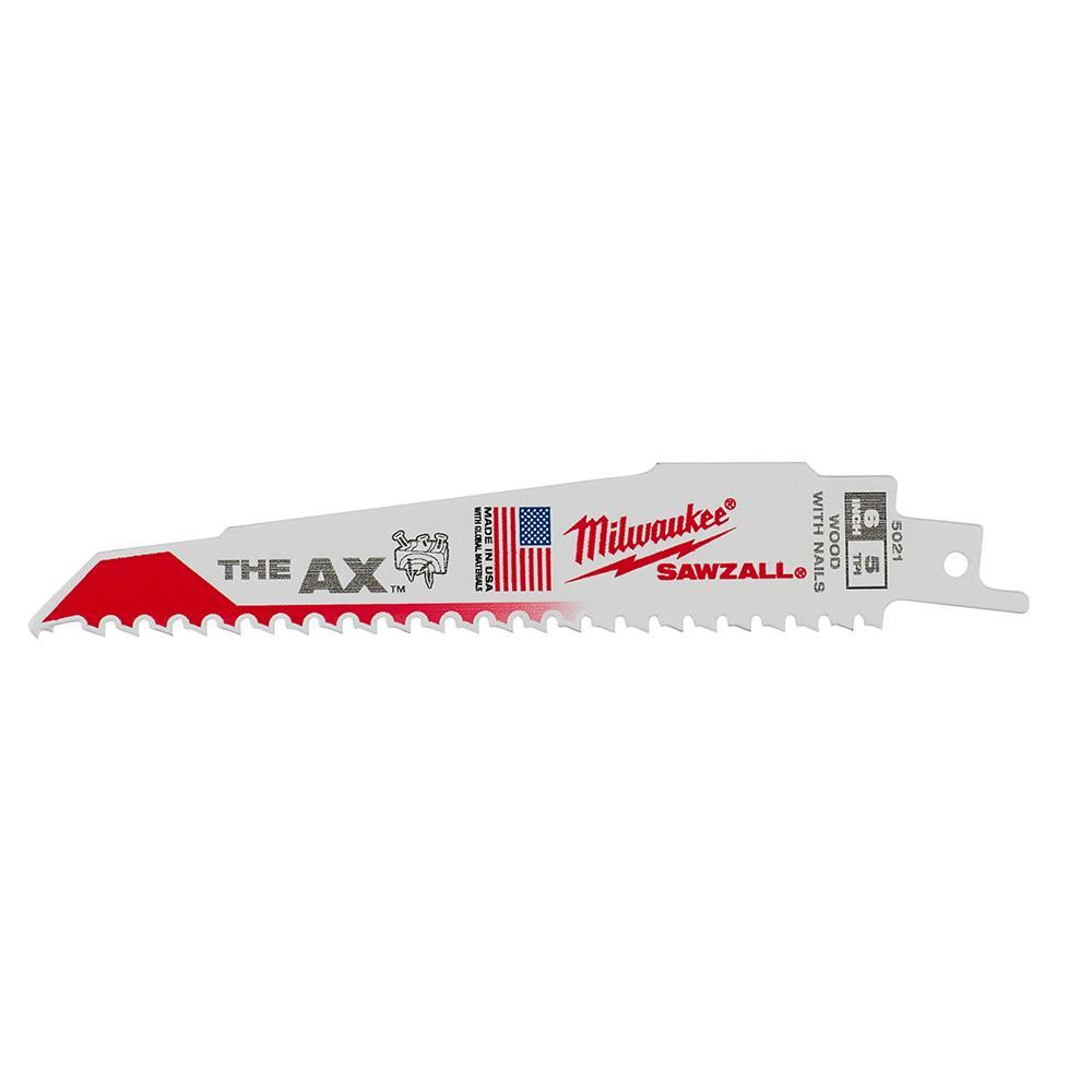 Milwaukee SAWZALL AX 48-00-8021 Demolition Tapered Back Reciprocating Saw Blade, 6 in L x 1 in W, 5 TPI, Bi-Metal Body, Universal/Toothed Edge Tang - Reciprocating Saw Blades