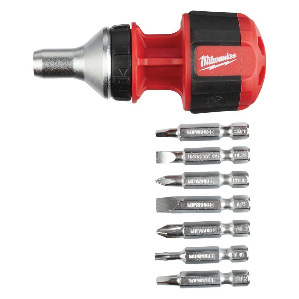 Milwaukee 48-22-2330 8-in-1 Compact General Purpose Ratcheting Multi-Bit Screwdriver, 8 Pieces, Phillips/Slotted/Square/Torx Point, Ergonomic Handle, Steel - Bit Screwdrivers