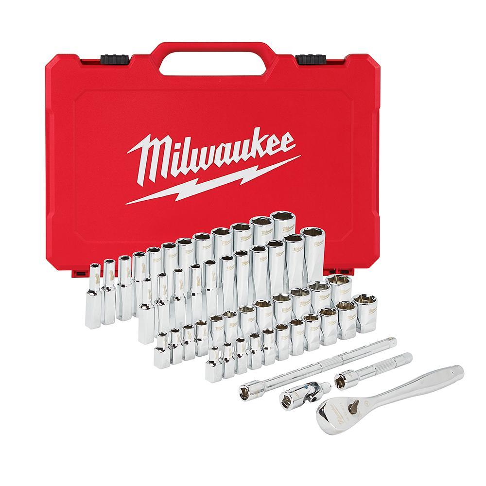 Milwaukee 48-22-9004 Ratchet and Socket Set, Case Tool Storage, 4 deg Arc Swing, 1/4 in Drive, 50 Pieces, Steel - Hand Tool Kits