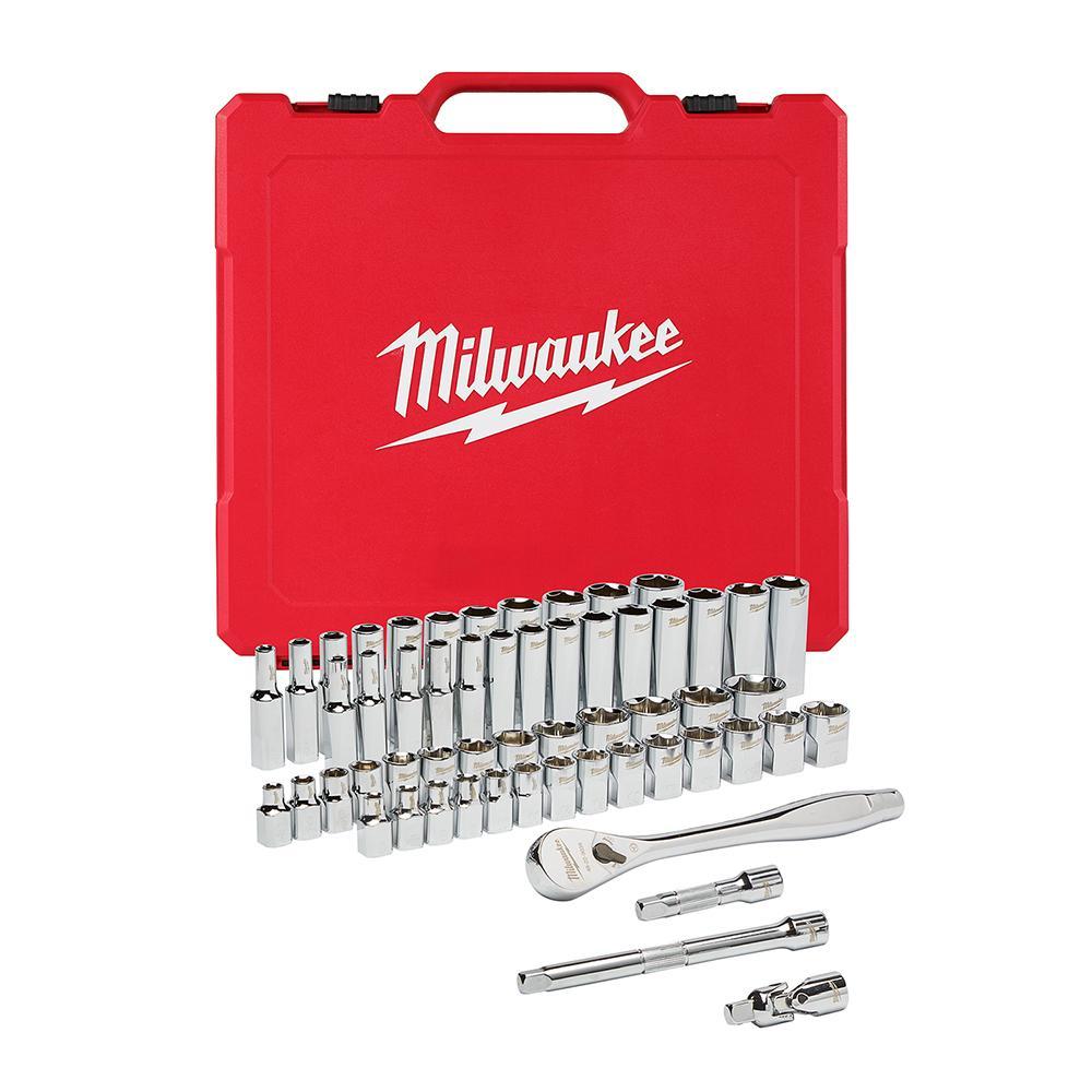 Milwaukee 48-22-9008 Ratchet and Socket Set, Case Tool Storage, 4 deg Arc Swing, 3/8 in Drive, 56 Pieces, Steel - Hand Tool Kits