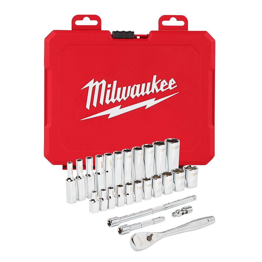 Milwaukee 48-22-9404 Ratchet and Socket Set, Case Tool Storage, 4 deg Arc Swing, 1/4 in Drive, 26 Pieces, Steel - Hand Tool Kits