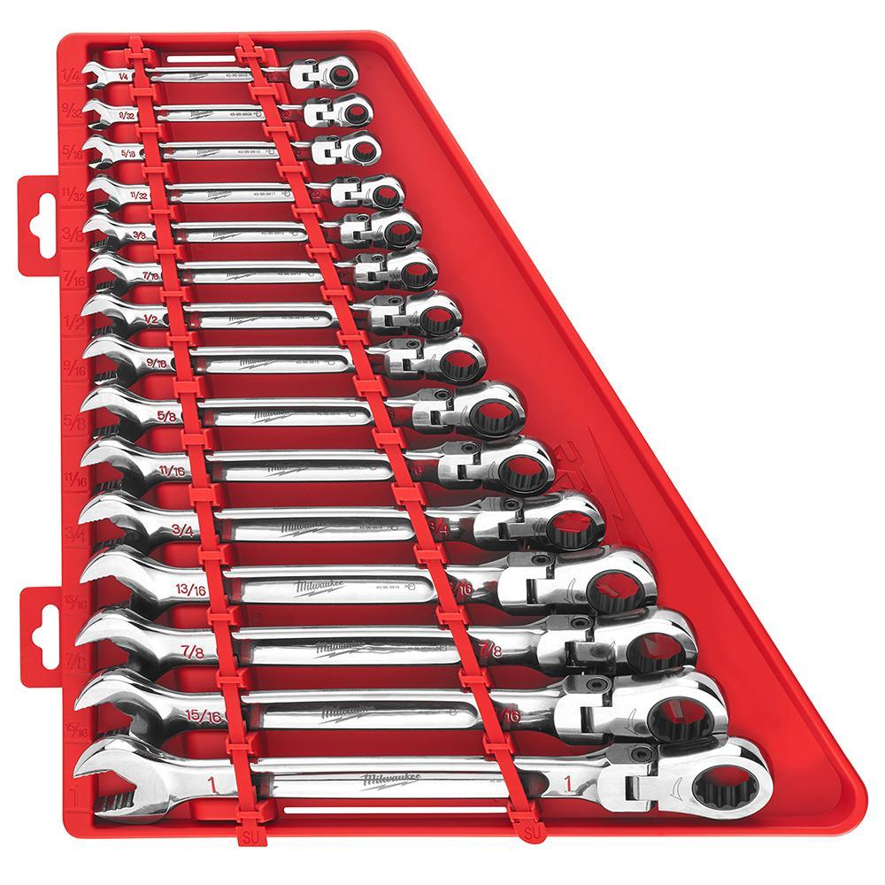 Milwaukee 48-22-9413 Flex Head Ratcheting Non-Lockable Combination Wrench Set, 15 Pieces, 1/4 to 1 in, Polished Chrome - Wrench Sets