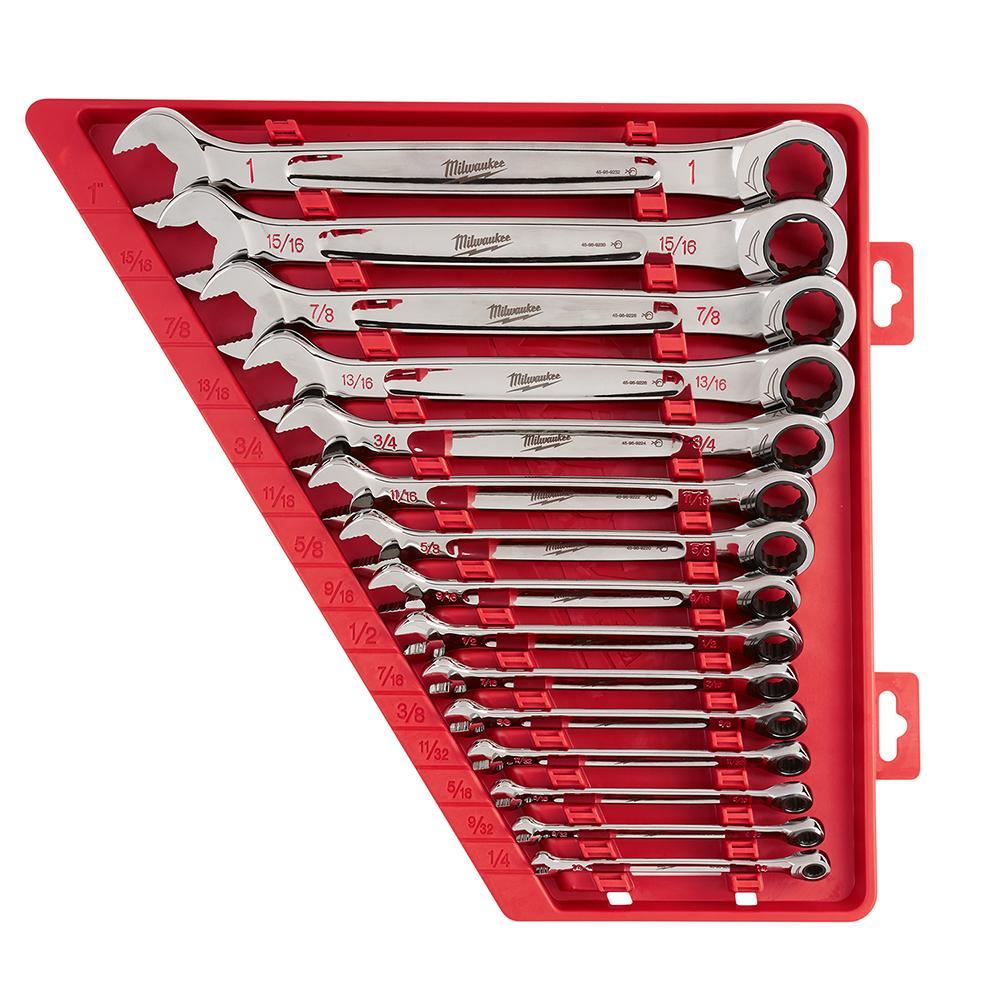 Milwaukee MAX BITE 48-22-9416 Combination Ratcheting Wrench Set, 15 Pieces, Polished Chrome - Wrench Sets