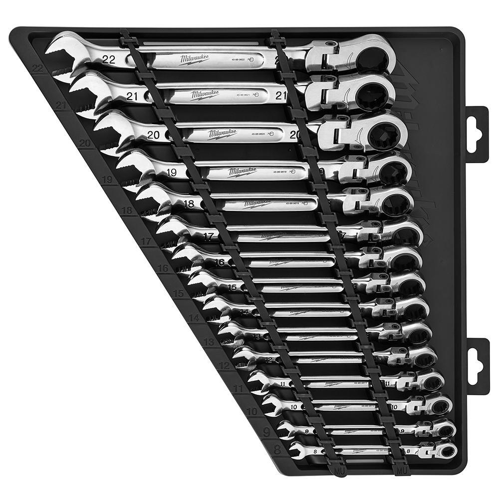 Milwaukee 48-22-9513 Flex Head Ratcheting Non-Lockable Combination Wrench Set, 15 Pieces, 8 to 22 mm, Polished Chrome - Wrench Sets