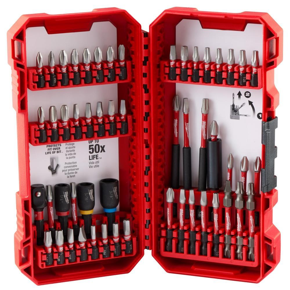 Milwaukee 48-32-4010 SHOCKWAVE 54-Piece Bit Set, P1, P2,PR1, P3, SQ1, SQ4, SQ3, T15, T20, T25, T27, T30, SL#8, SL#10, 1/8 in, 9/64 in, 5/32 in, 3/16 in, SQ2, 3.5 in, 1-7/8 in, 1/4 in, 5/16, 3/8 in, 1/4 in Point Hex Point, 1/4 in, Alloy Steel - Impact Driver Bits