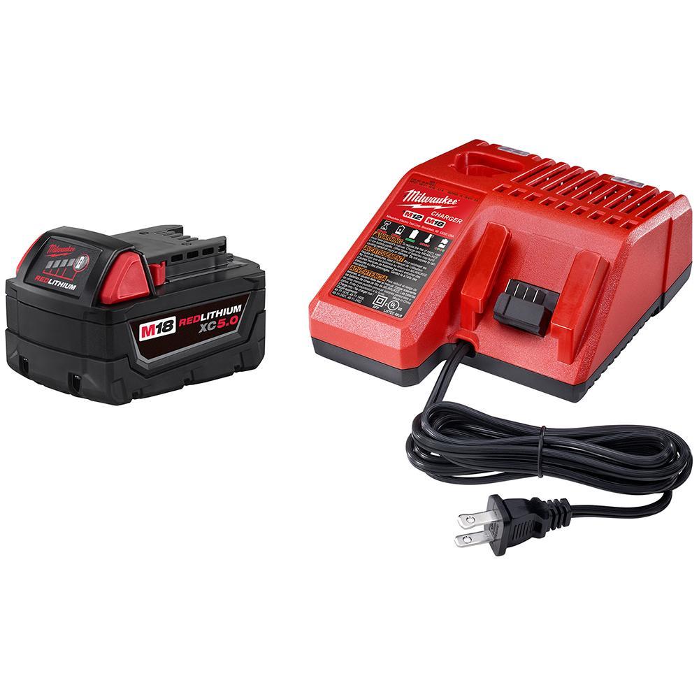 Milwaukee M18 48-59-1850 Battery Starter Kit, 5 Ah, 18 VDC Charge, For Use With M18 XC 5.0 Battery For Use with All Milwaukee M18 Tool, M18 and M12 Multi Voltage Charger For Use with All M18 and M12 Battery Pack - Cordless Tool Batteries