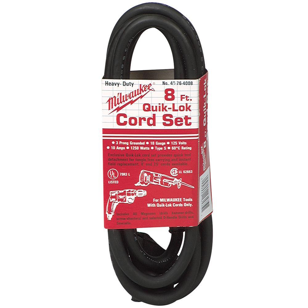 Milwaukee QUIK-LOK 48-76-4008 Extension Cord, 120 VAC, 10 A, 18 AWG, NEMA 1-15P - Power Tool Parts & Repair Kits