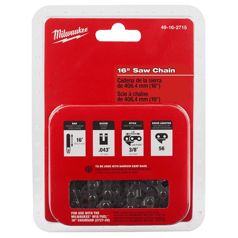 Milwaukee 49-16-2715 Replacement Saw Chain, 16 in L, 0.043 in, 3/8 in Pitch, Steel, Black - Chain Saw Chains & Bars
