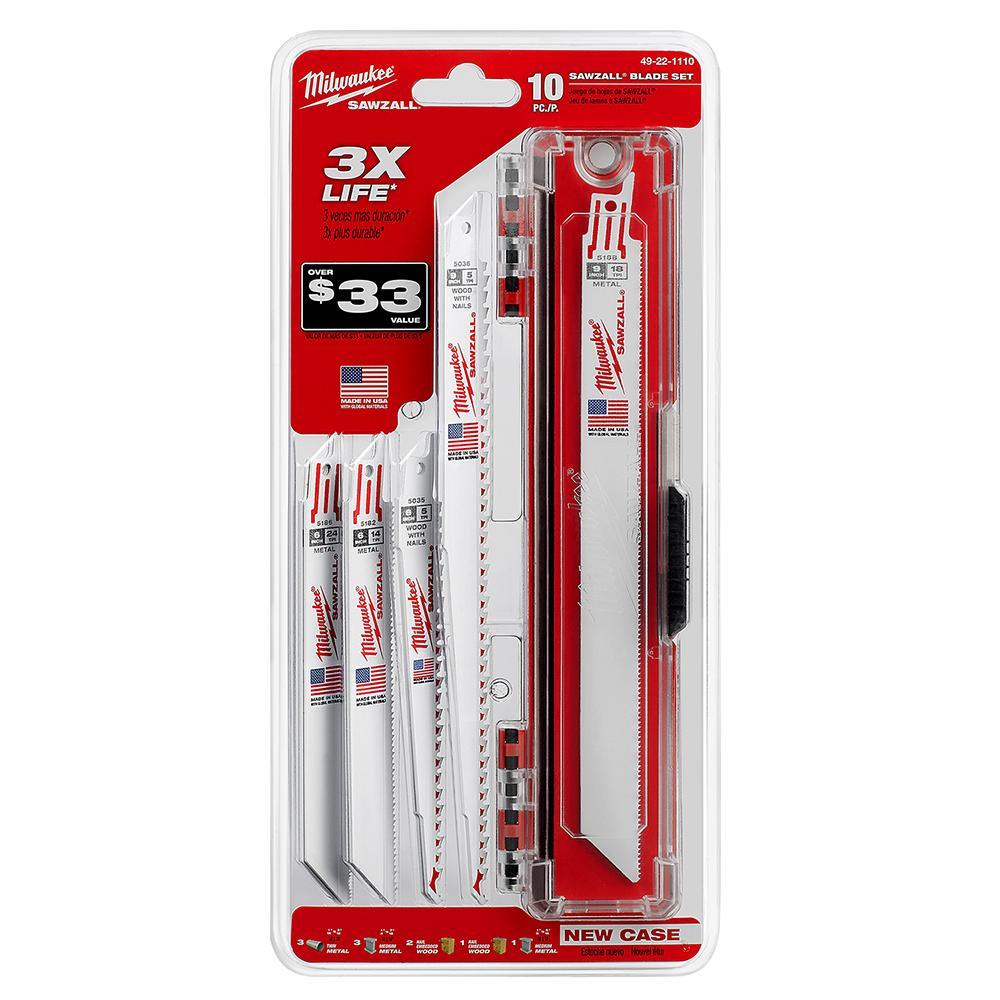 Milwaukee SAWZALL 49-22-1110 Saw Blade Set, 10 Pieces, 18 TPI, 1/2 in Universal Tang, For Use With Reciprocating Saw, Bi-Metal - Saw Blade Sets