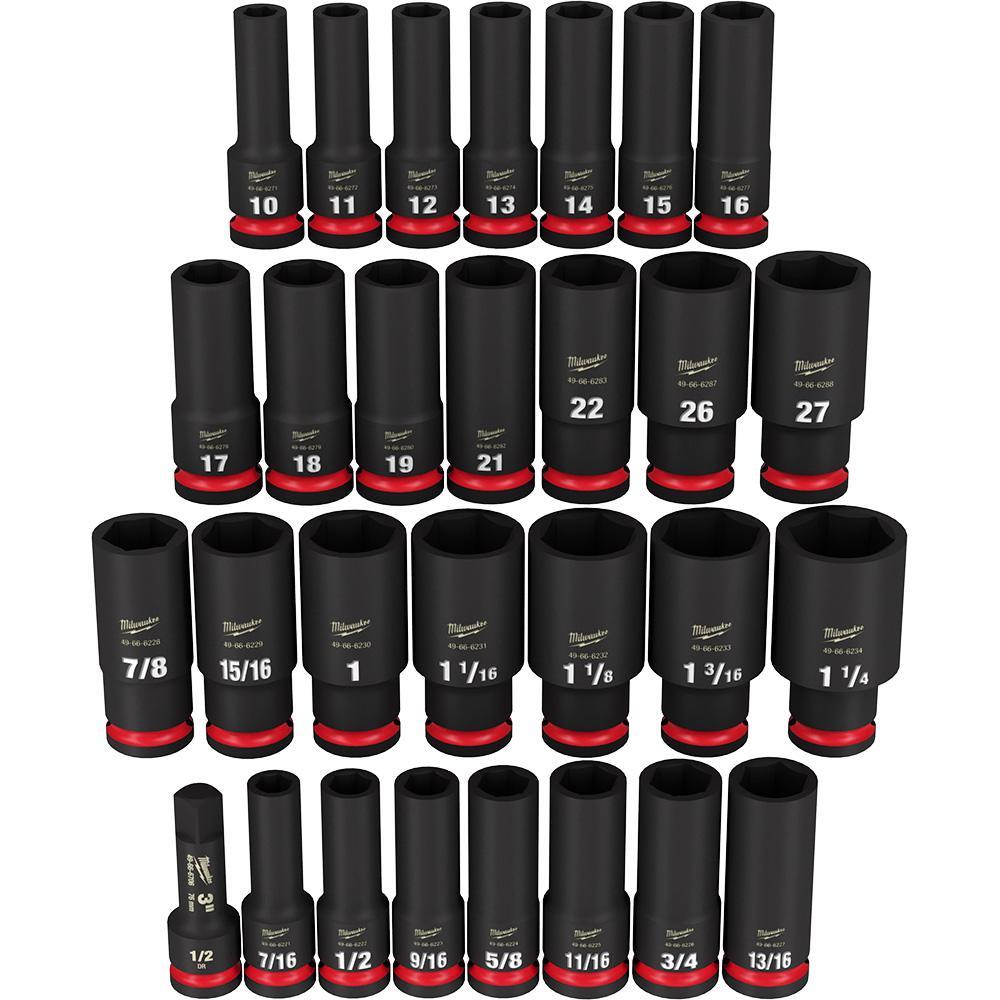 Milwaukee SHOCKWAVE Impact Duty 49-66-7016 Deep Socket Set, ASME Specified, 6 Points, 1/2 in Drive, 29 Pieces, Hex, Case Container - Socket Sets