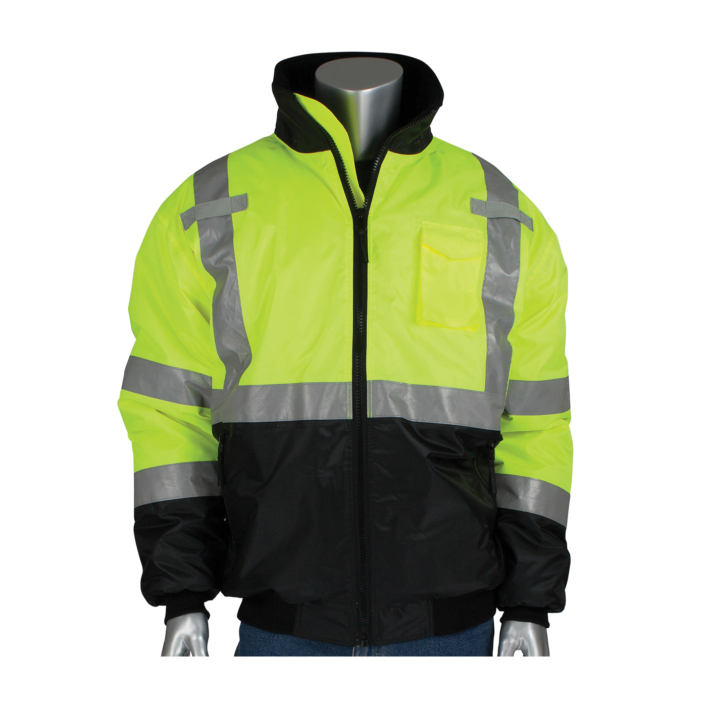 PIP 333-1740-LY/M Bomber Jacket, Black/Hi-Viz Lime Yellow, Polyester, 54 in Chest, Resists: Water, ANSI Type R Class 3 - Jackets & Coats