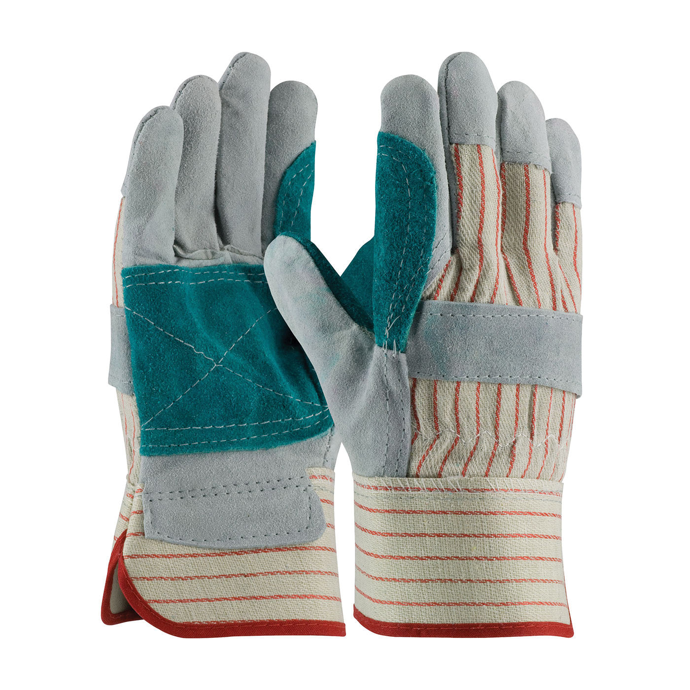 PIP 85-7512J/XL Economy 85-7512J B/C-Grade General Purpose Gloves, Leather Palm, Gunn Cut/Full Finger/Wing Thumb Style, XL, Shoulder Split Cowhide Leather Palm, Shoulder Split Cowhide Leather, Gray/Green/Red, Rubberized Safety Cuff - General Purpose Work Gloves