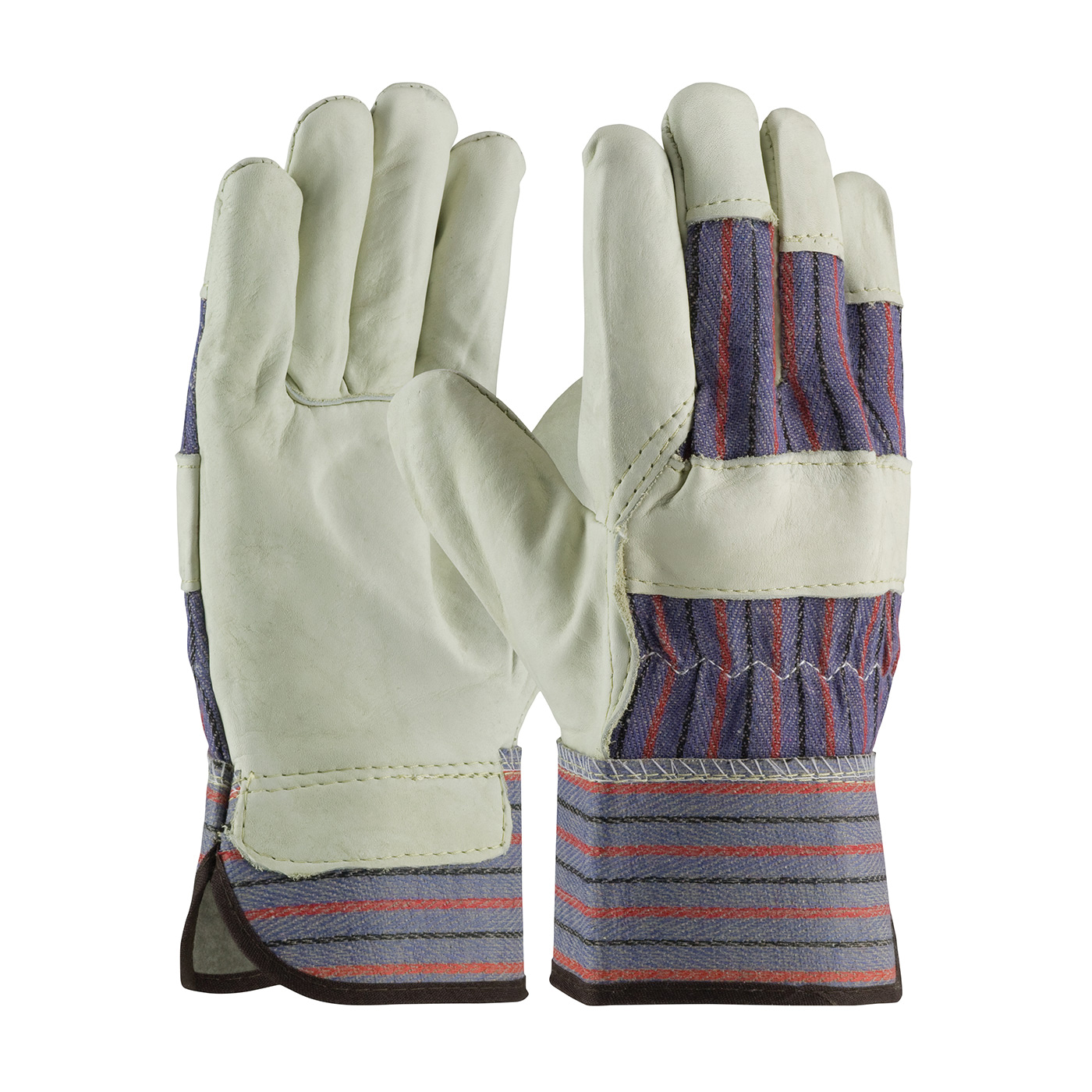 PIP 87-1563/XL Standard Grade General Purpose Gloves, Leather Palm, Gunn Cut with Wing Thumb Style, XL, Top Grain Cowhide Leather Palm, 75% Cowhide Leather/25% Cotton, Black/Blue/Red, Rubberized Safety Cuff, Uncoated Coating, Resists: Abrasion - General Purpose Work Gloves