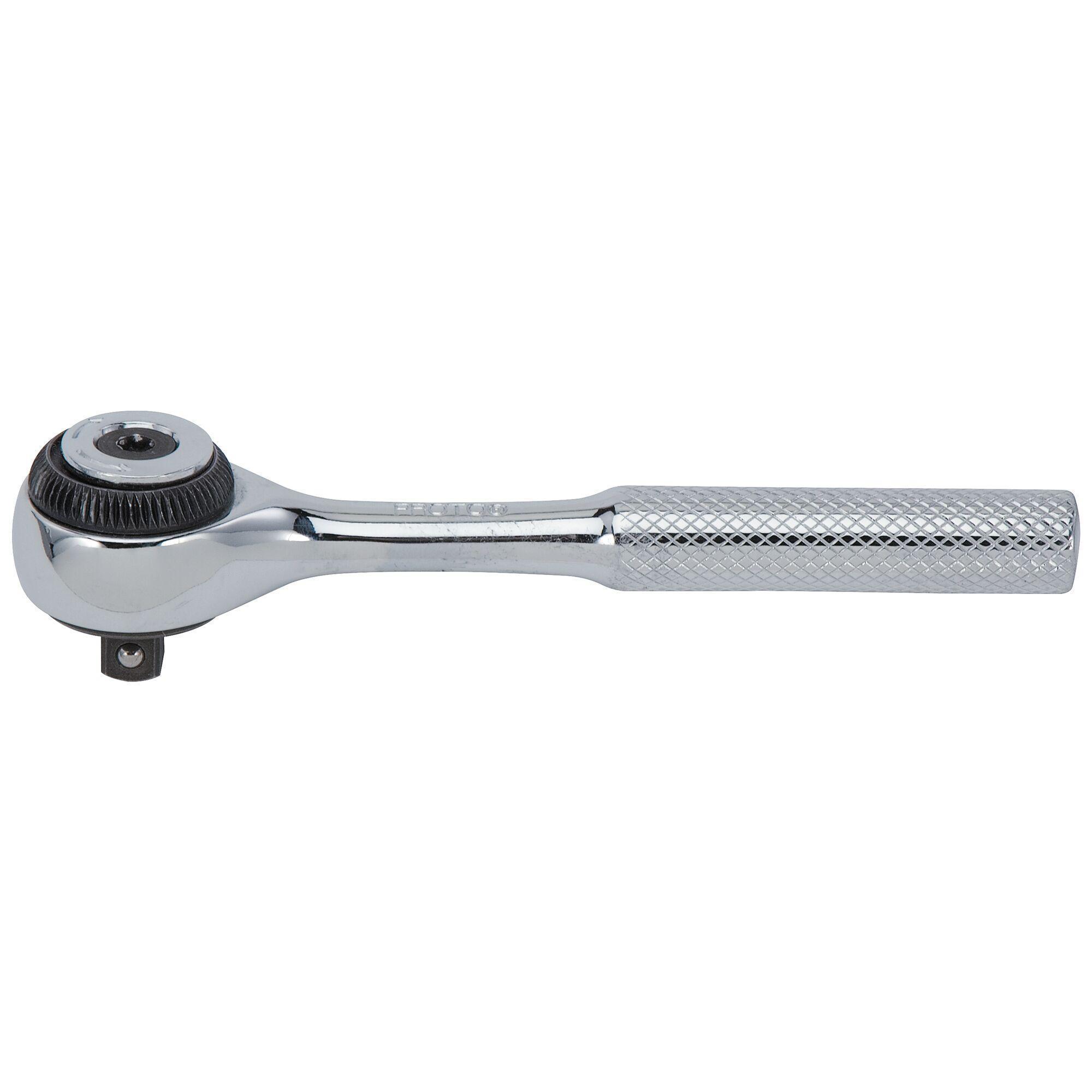 Proto J4752F Non-Insulated Standard Length Hand Ratchet, Imperial, 1/4 in Drive, Round Head, 4-1/2 in OAL, Steel, Full Polished, ASME B107.10M - Ratcheting Socket Wrenches