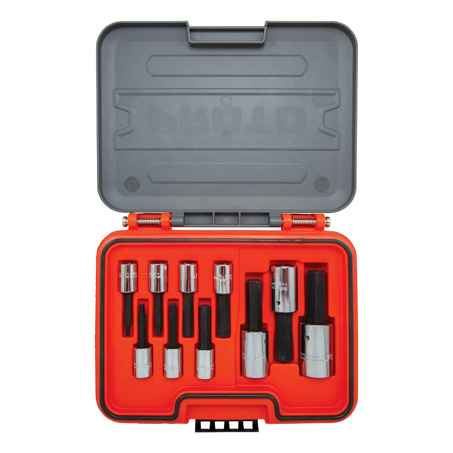 Proto J52110H-TT Hex Bit Set, 3/8 in, 1/2 in Drive, 10 Pieces, Polished Chrome, ASME Specified - Socket Driver Bit Sets