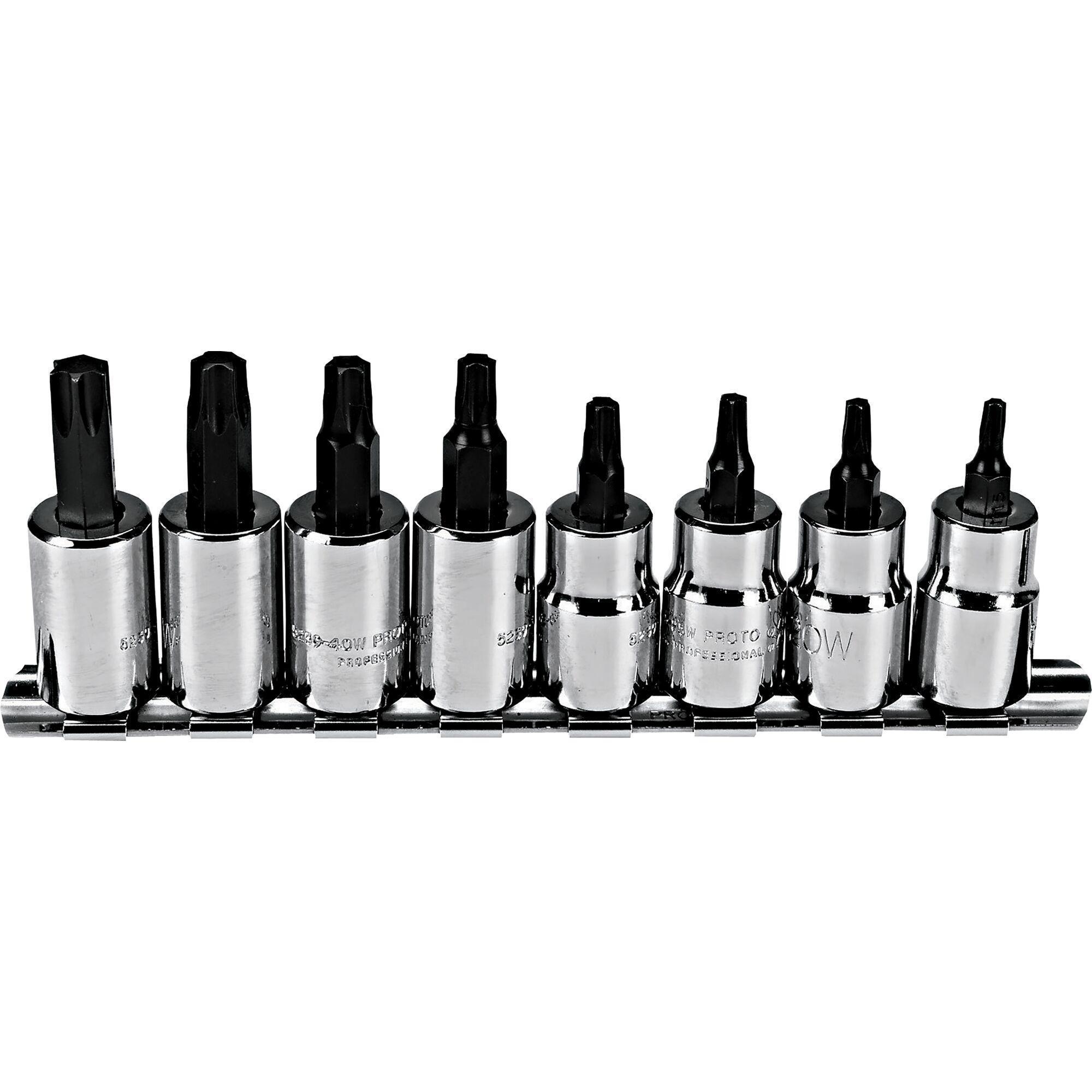 Proto J5239C Socket Bit Set, 3/8 in Drive, T15 to T50 Torx, 8 Pieces, Full Polished - Socket Driver Bit Sets